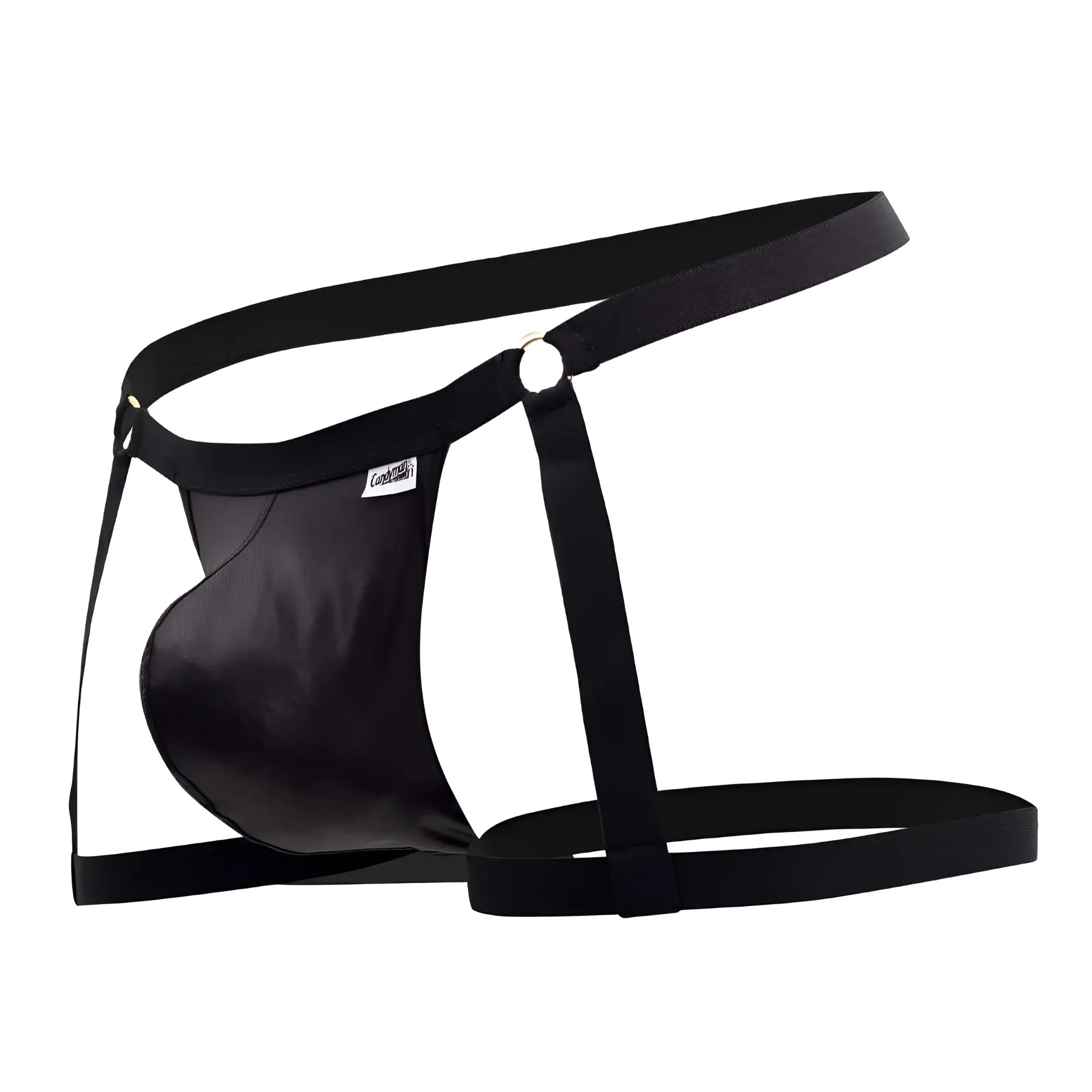 Black satin-like material candyMan 99749 garter jockstrap men’s thong with adjustable straps and central ring