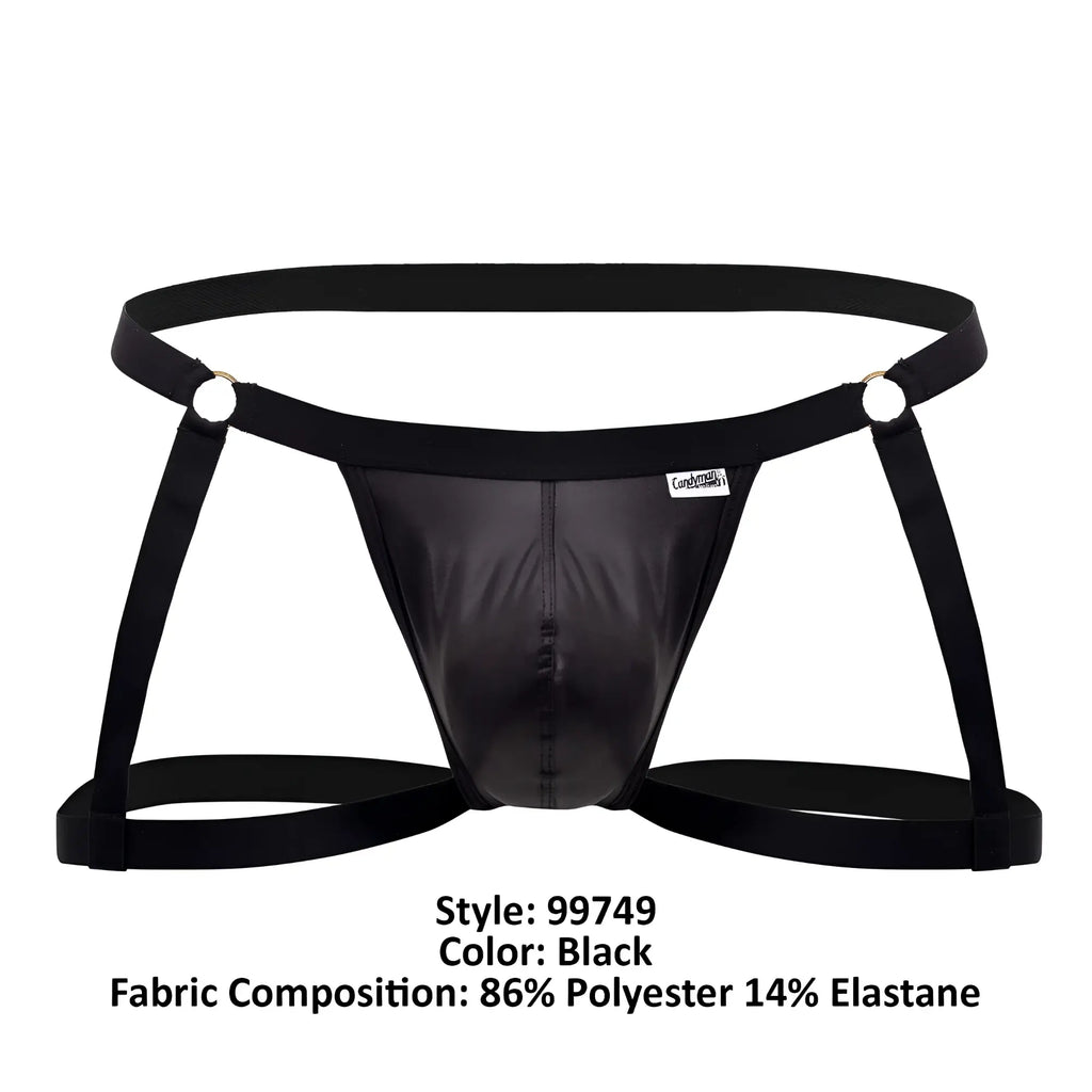 Black shiny polyester and elastane candy man 99749 garter jockstrap briefs with adjustable harness straps