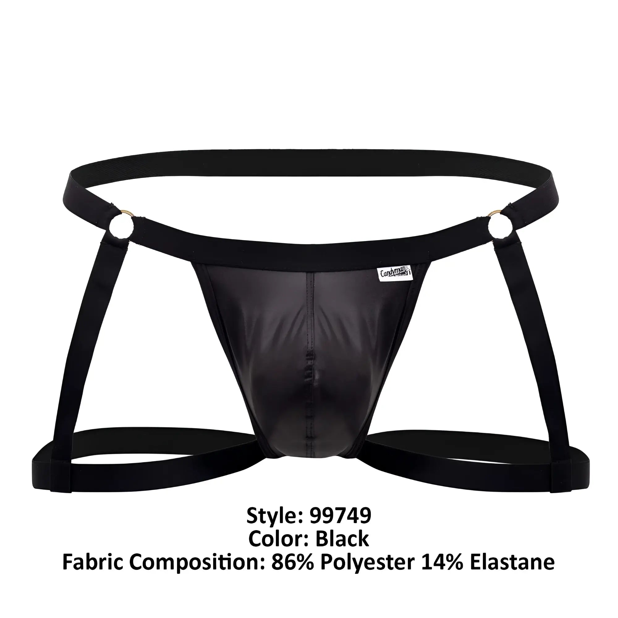 Black shiny polyester and elastane candy man 99749 garter jockstrap briefs with adjustable harness straps