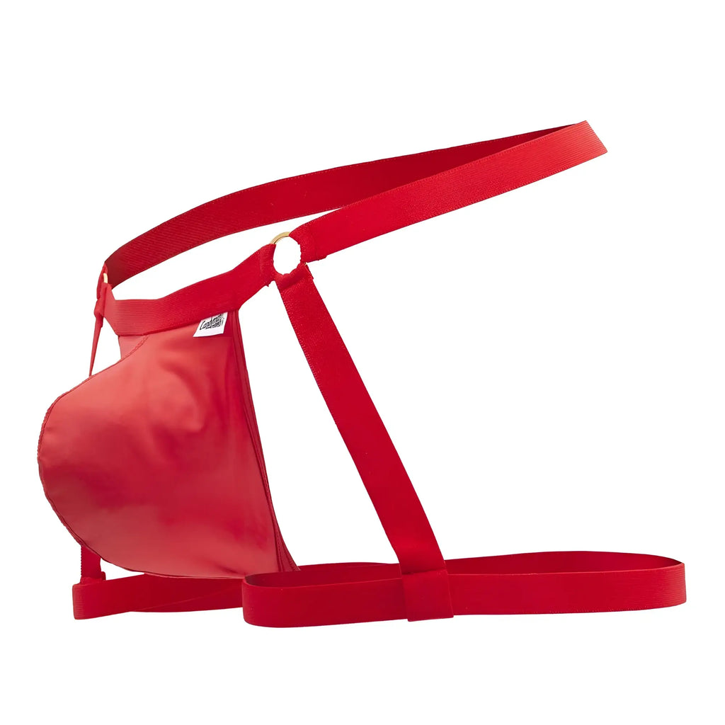 Red satin candyMan 99749 garter jockstrap with adjustable straps and central gusset for men