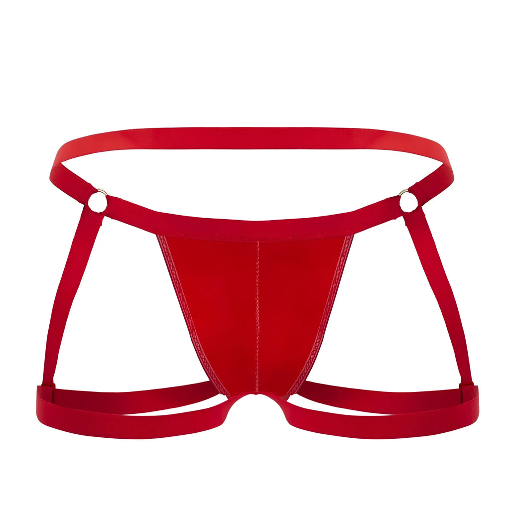 Red satin-like fabric briefs with strappy harness design and silver metal clasps from candyman 99749 garter jockstrap