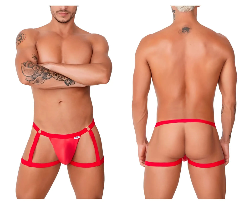 Red sheer mesh men’s briefs with red elastic straps and a small tag candy man 99749 garter jockstrap in red