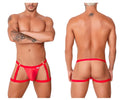 Red sheer mesh men’s briefs with red elastic straps and a small tag candy man 99749 garter jockstrap in red
