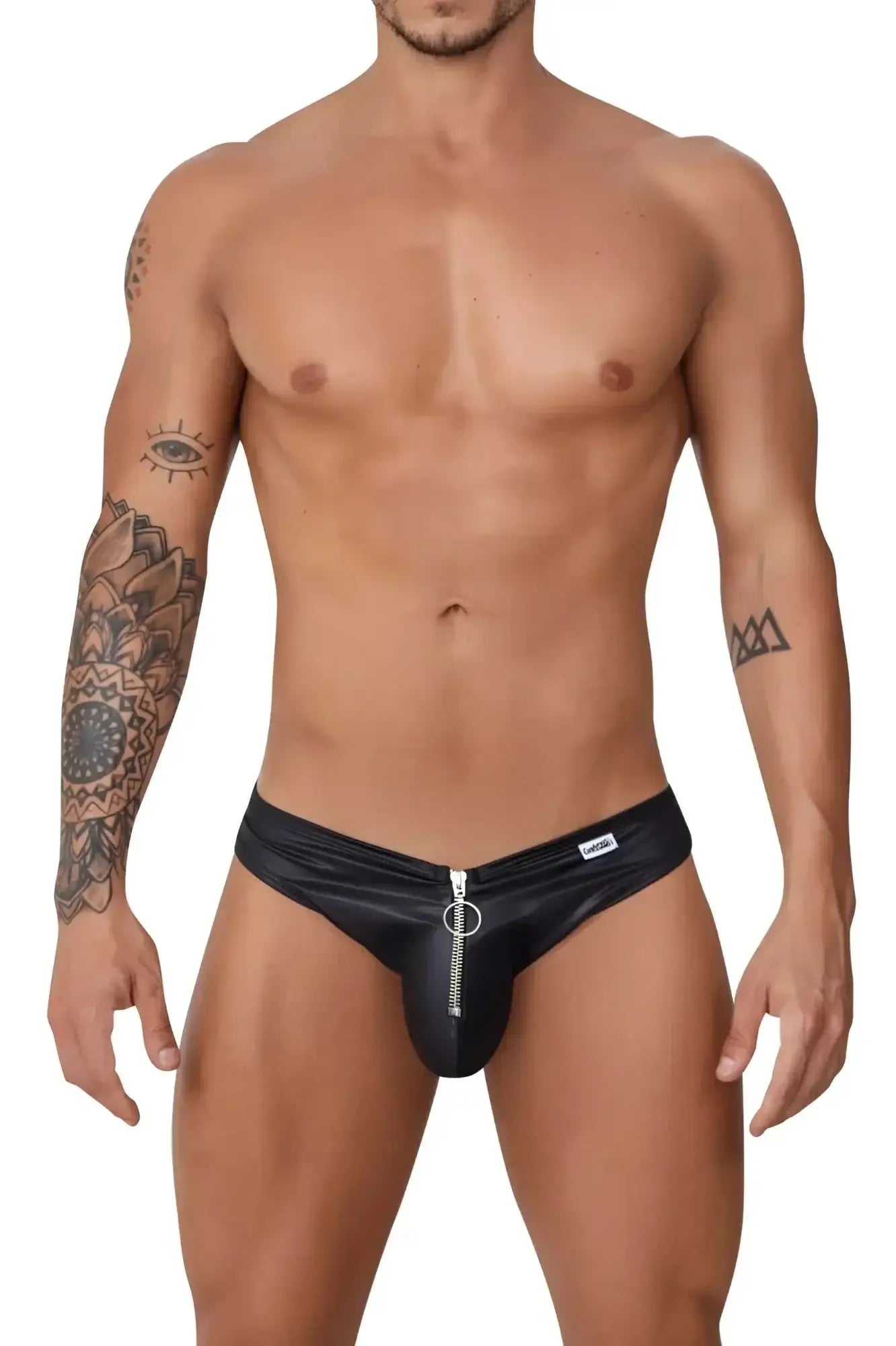Black faux leather thong CandyMan 99753 fringe jockstrap with central zipper and silver-toned metal ring