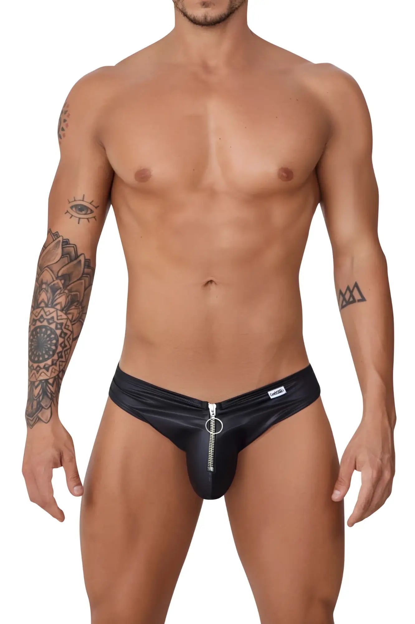 Black faux leather thong CandyMan 99753 fringe jockstrap with central zipper and silver-toned metal ring