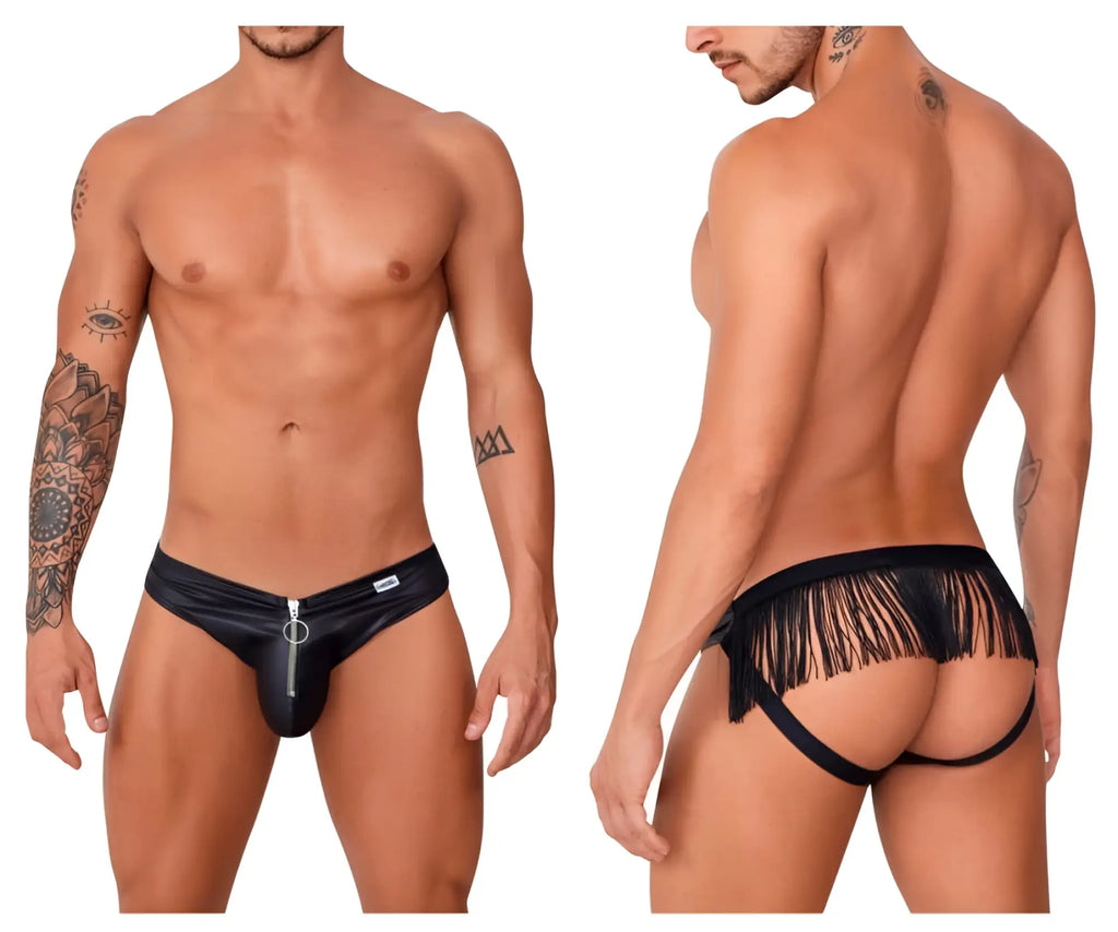 Black faux leather CandyMan 99753 fringe jockstrap thong with front zipper and back fringe detailing shown from back