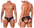 Black faux leather CandyMan 99753 fringe jockstrap thong with front zipper and back fringe detailing shown from back