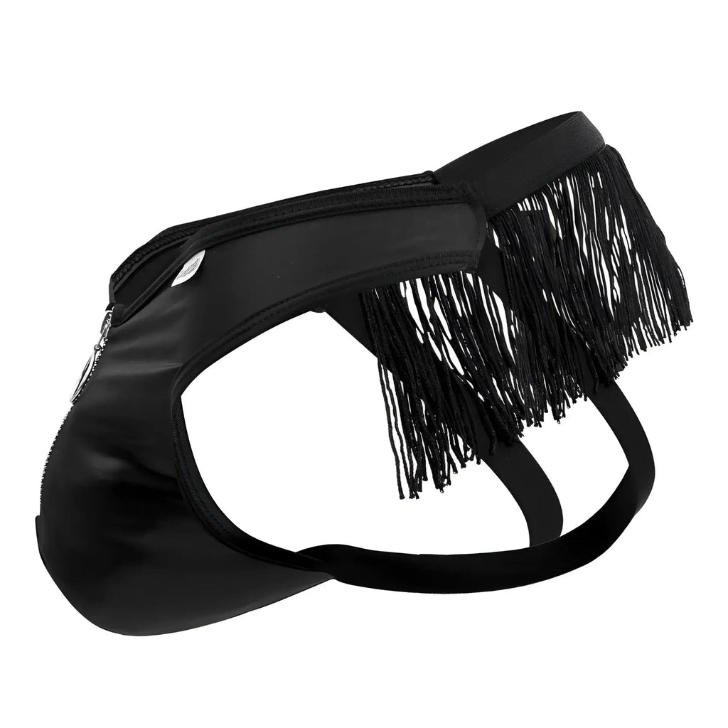 Black fringed briefs candyMan 99753 with sleek shiny material and zipper closure front view