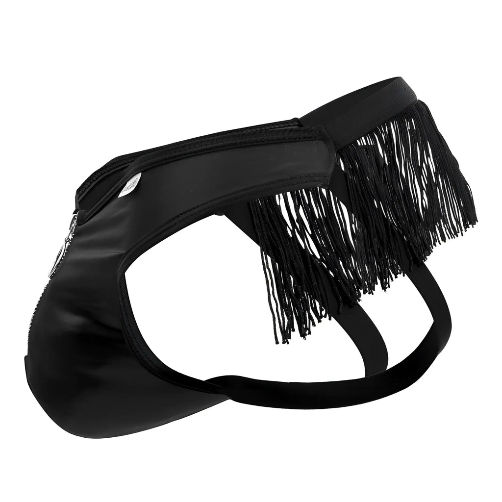 Black fringed briefs candyMan 99753 with sleek shiny material and zipper closure front view
