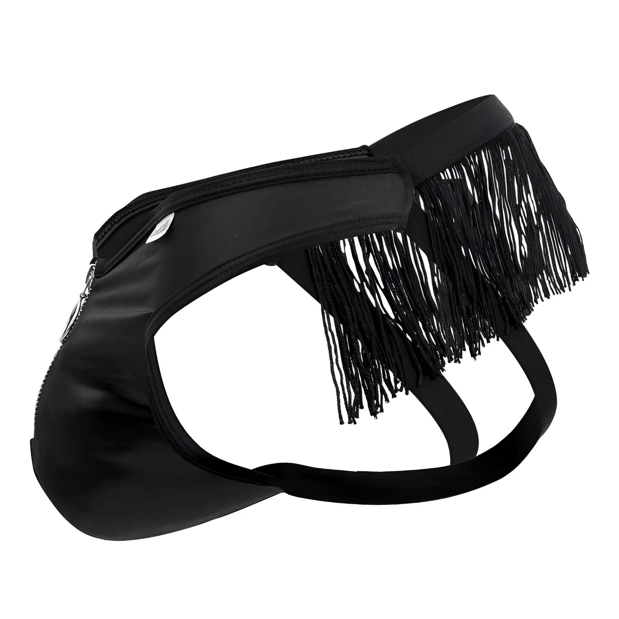 Black fringed briefs candyMan 99753 with sleek shiny material and zipper closure front view