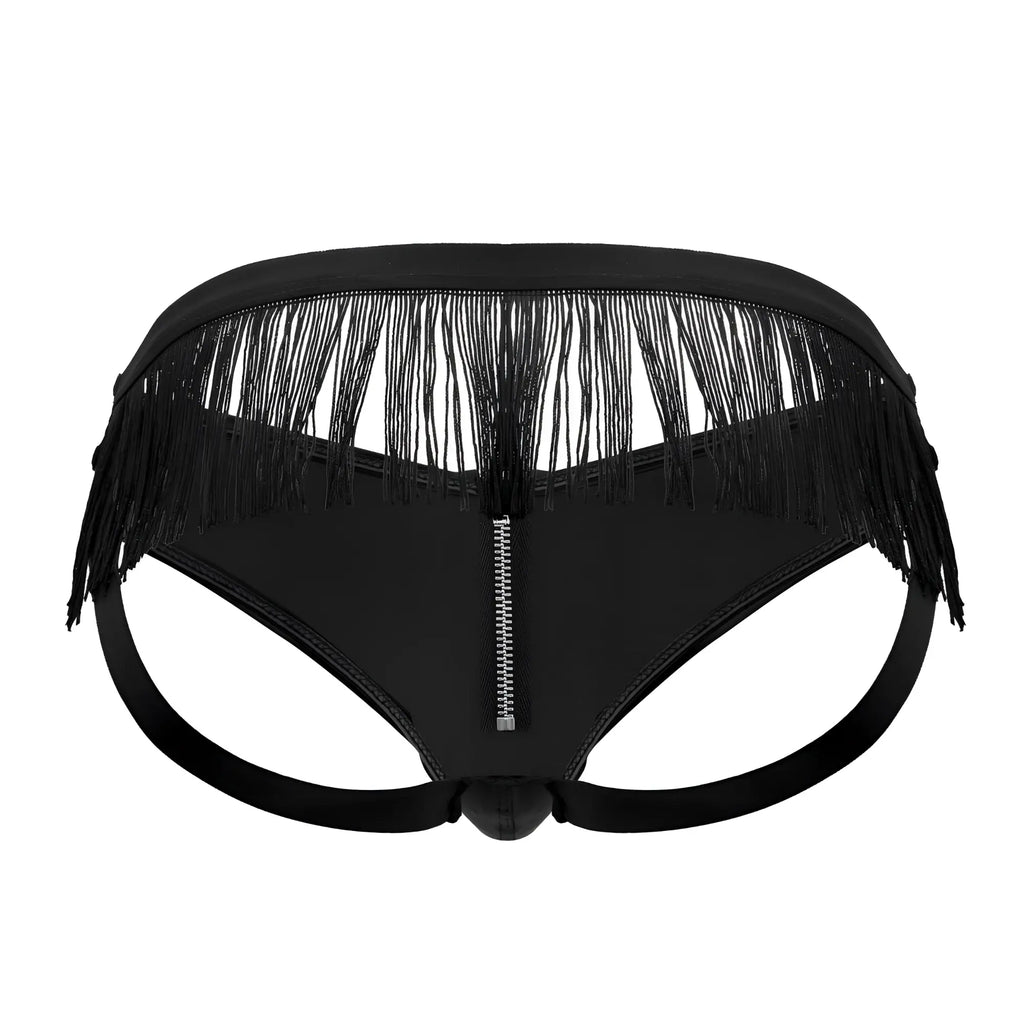 Black fringed thong with central zipper and elasticized waistband from Candyman 99753 fringe jockstrap series