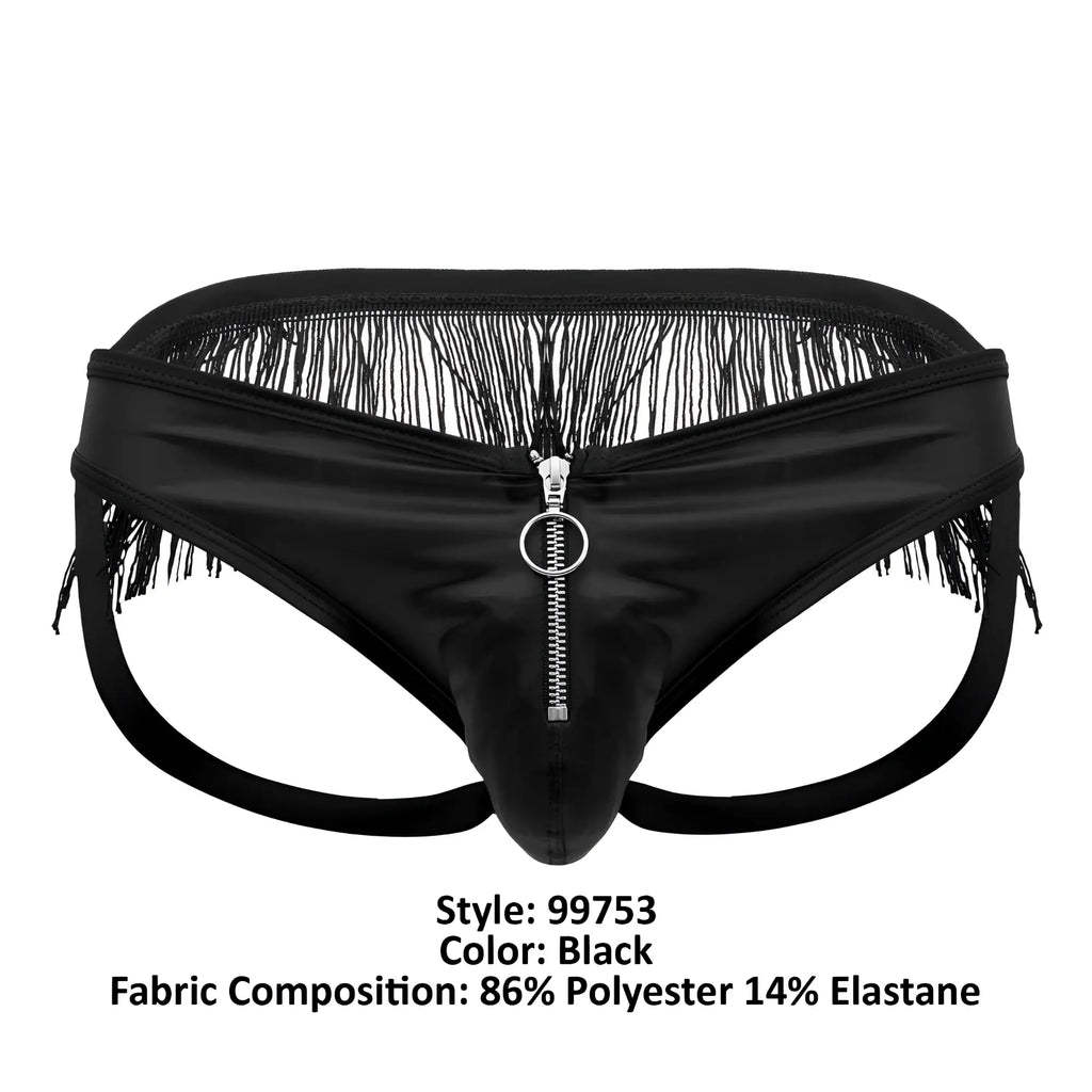 Black fringed zipper briefs candyMan 99753 made of 86% polyester and 14% elastane showing front side design