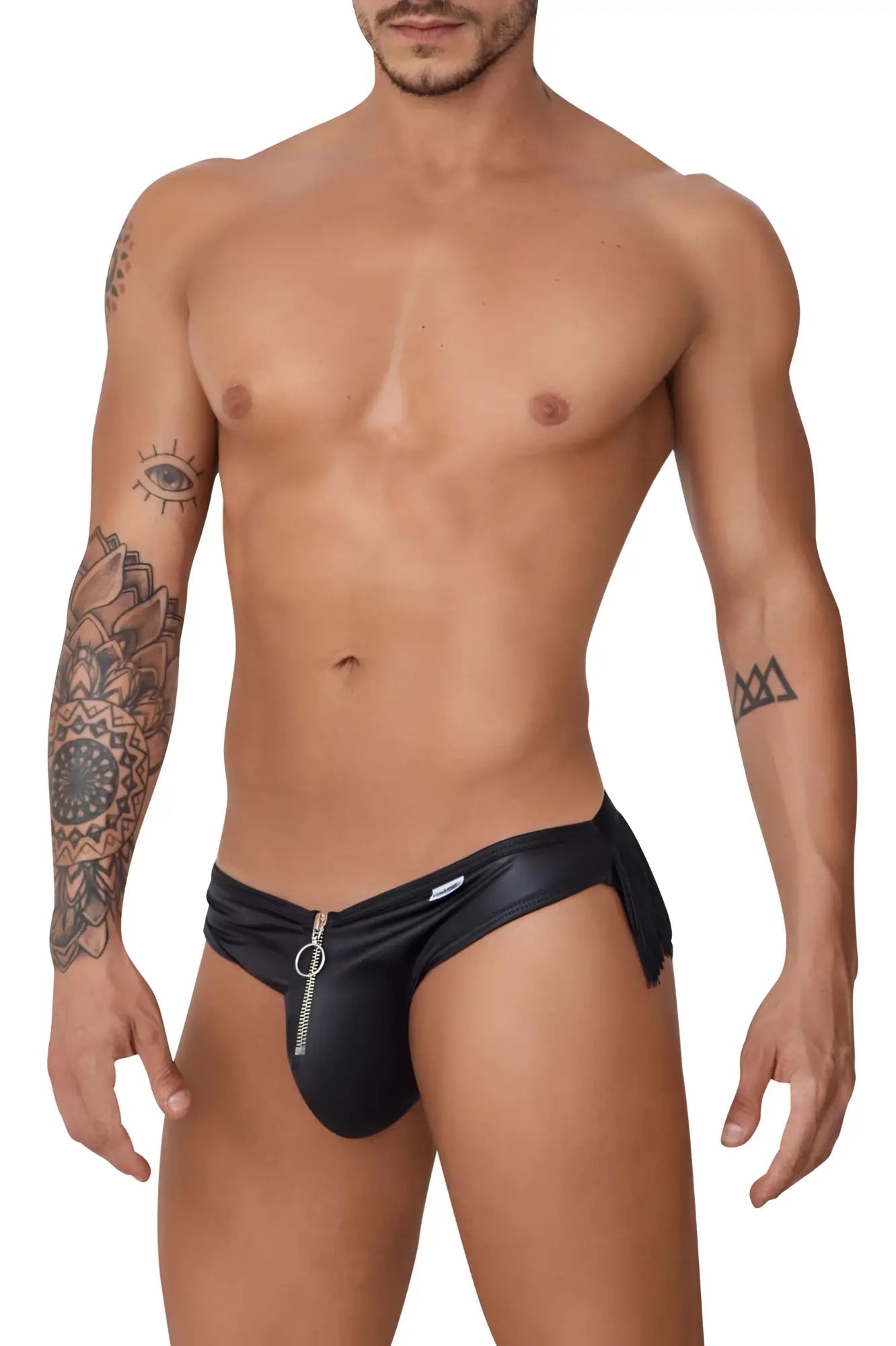 Black leather-like swim trunks candyman 99753 with front zipper and frayed hem for stylish swimwear use