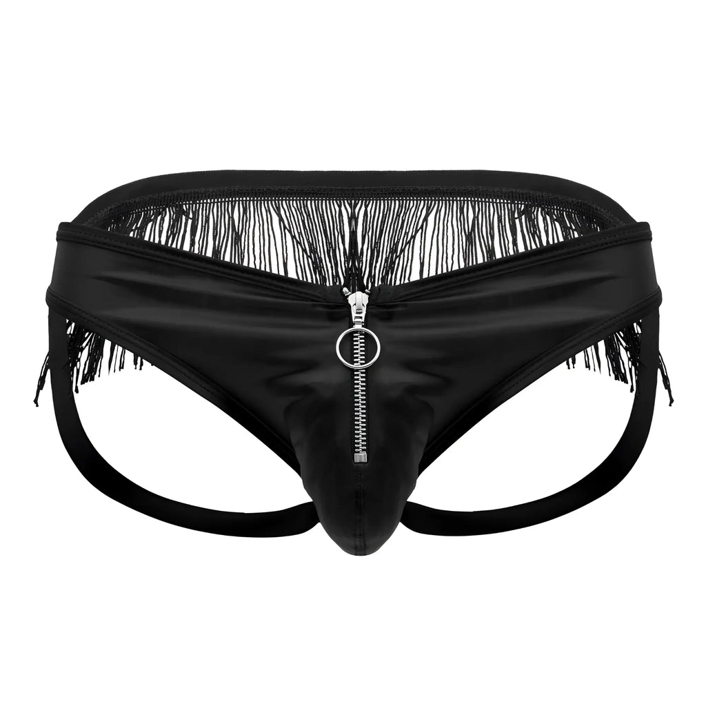 Black satin men’s briefs CandyMan 99753 with central zipper and black fringe detailing