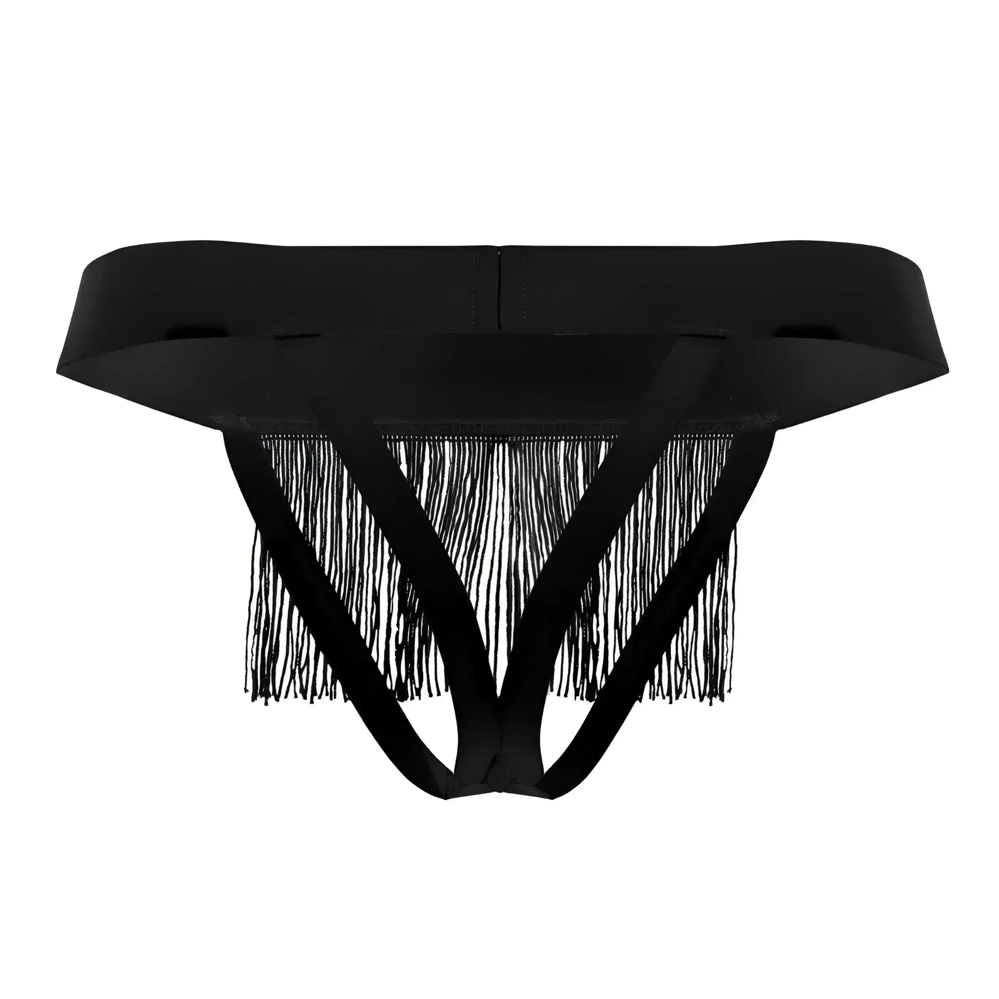 Black fringed thong candyMan 99755 with wide smooth waistband and three intersecting straps shown from the back side