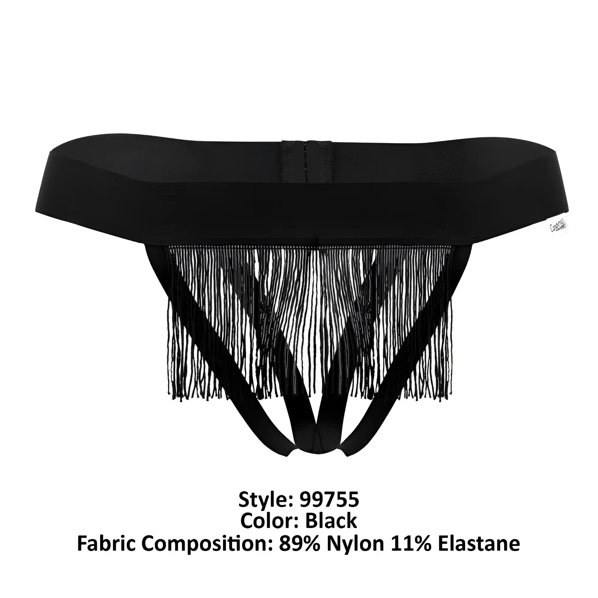 Black fringed thong with wide elastic waistband and thin straps made of 89 nylon 11 elastane by Candyman