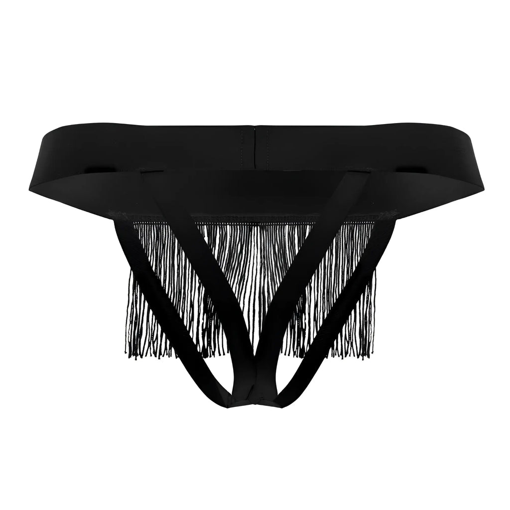 Black fringed thong candyMan 99755 with wide smooth waistband and three intersecting straps shown from the back side