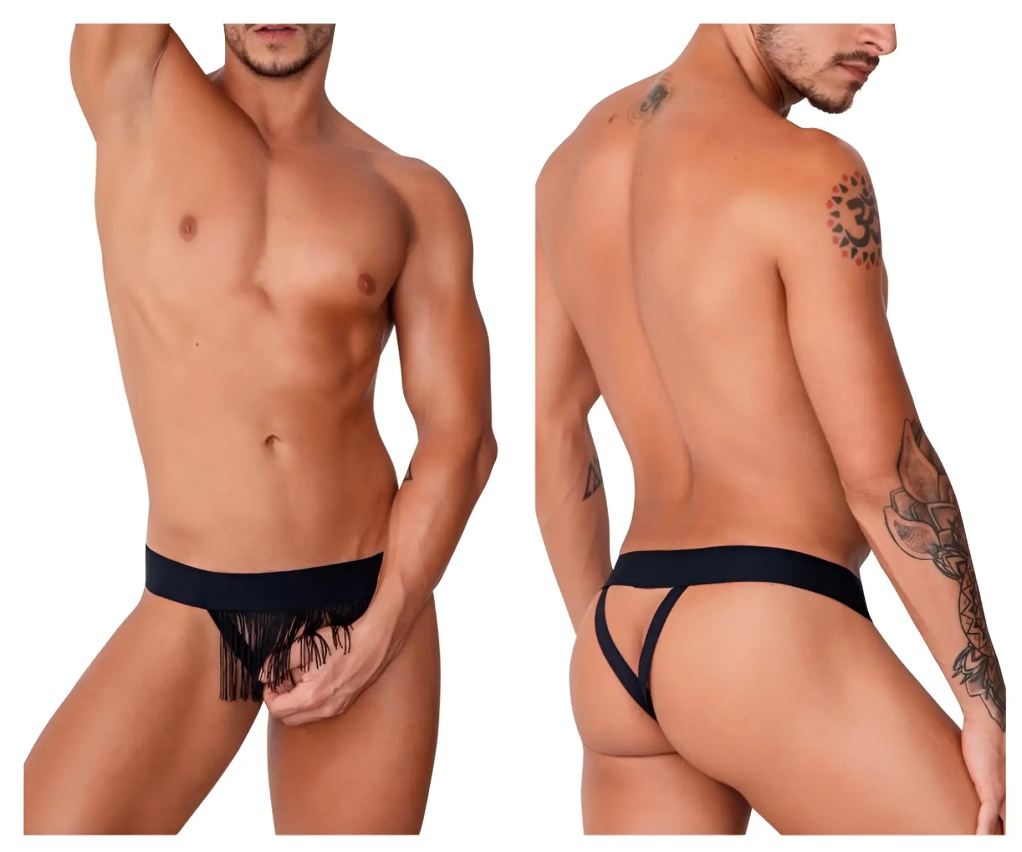 Black candy man 99755 fringe thong with wide waistband and supportive side straps showing the back side