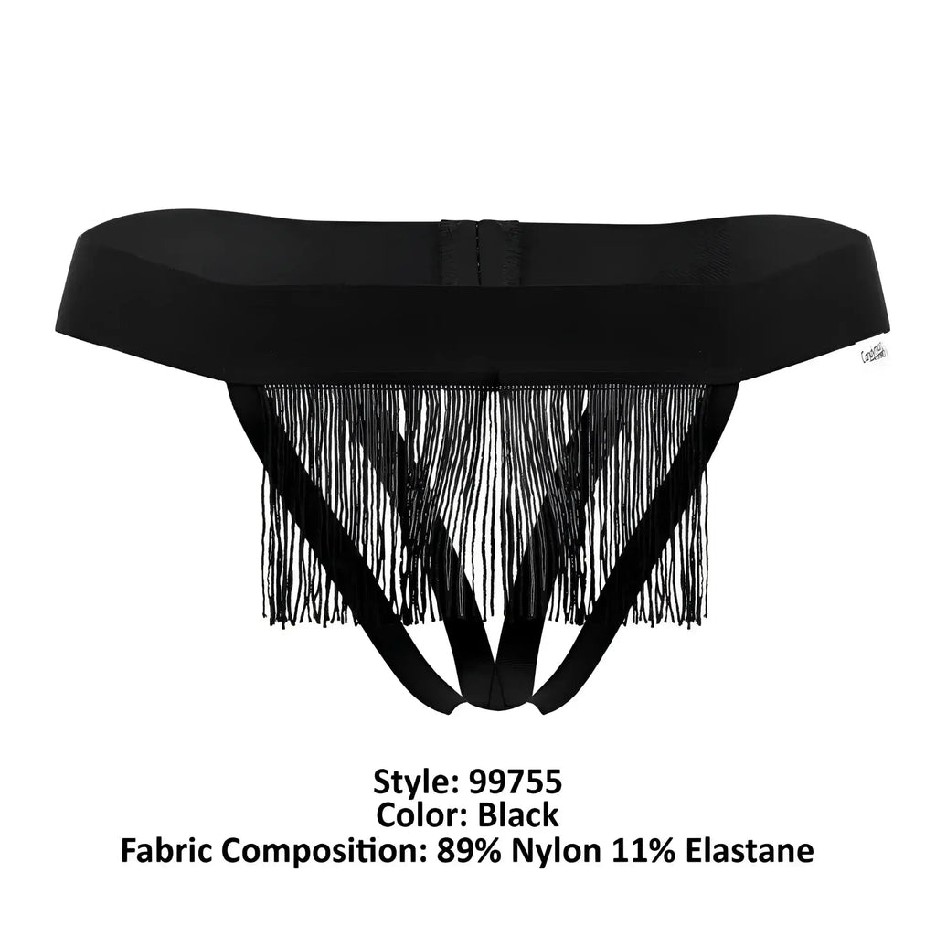 Black fringed thong with wide elastic waistband and thin straps made of 89 nylon 11 elastane by Candyman