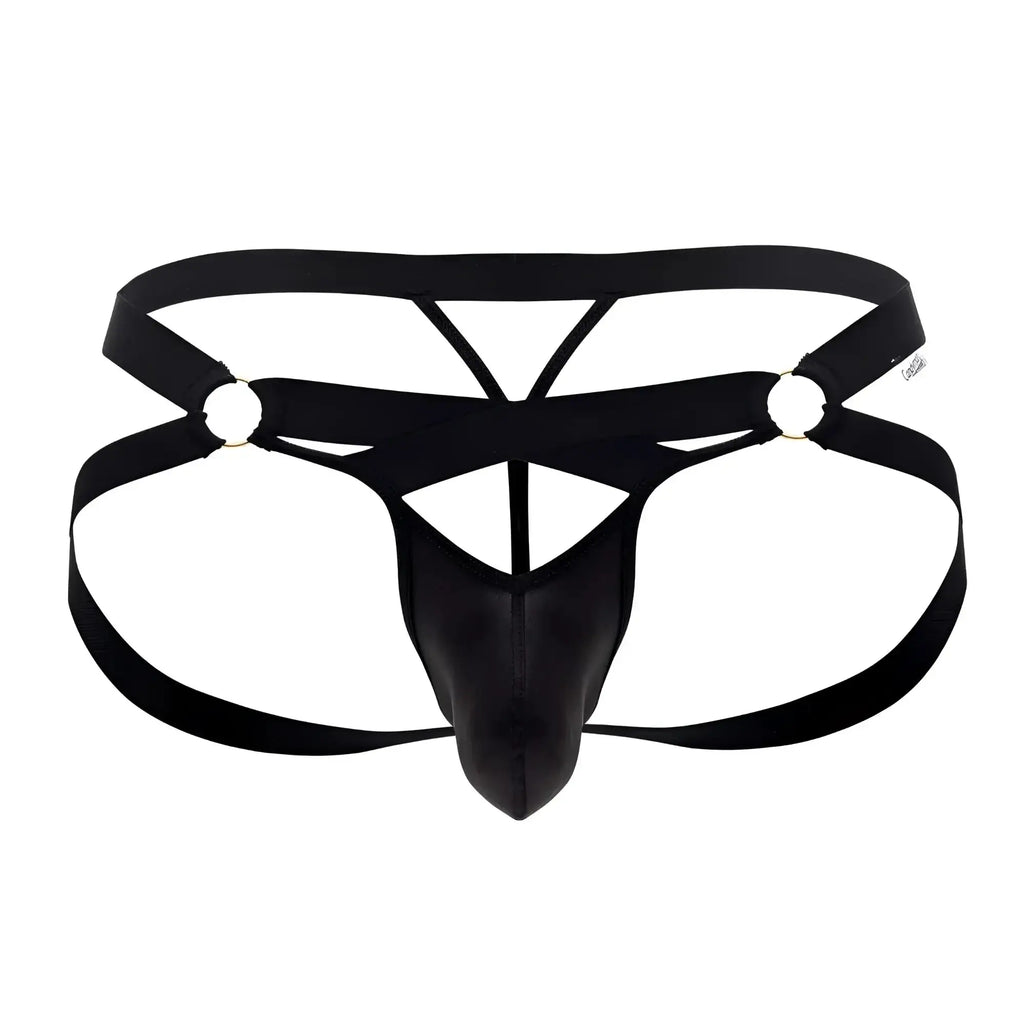 Black leather-like men’s thong jock g-string with crisscross straps and metallic rings candy man 99761 color black
