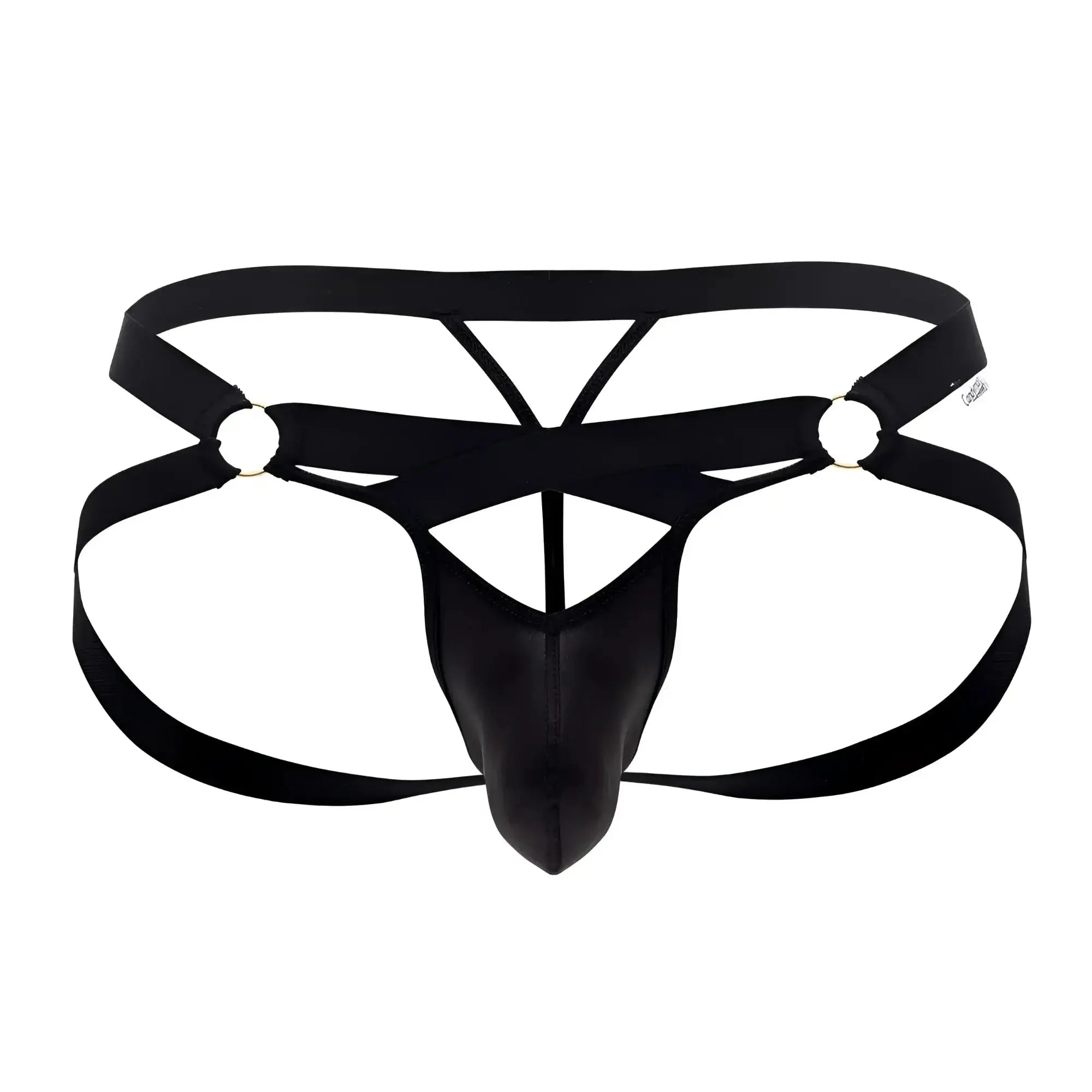 Black leather-like men’s thong jock g-string with crisscross straps and metallic rings candy man 99761 color black