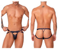 Black latex CandyMan 99761 jock g-string with wide supportive straps and distinctive cutout design front view