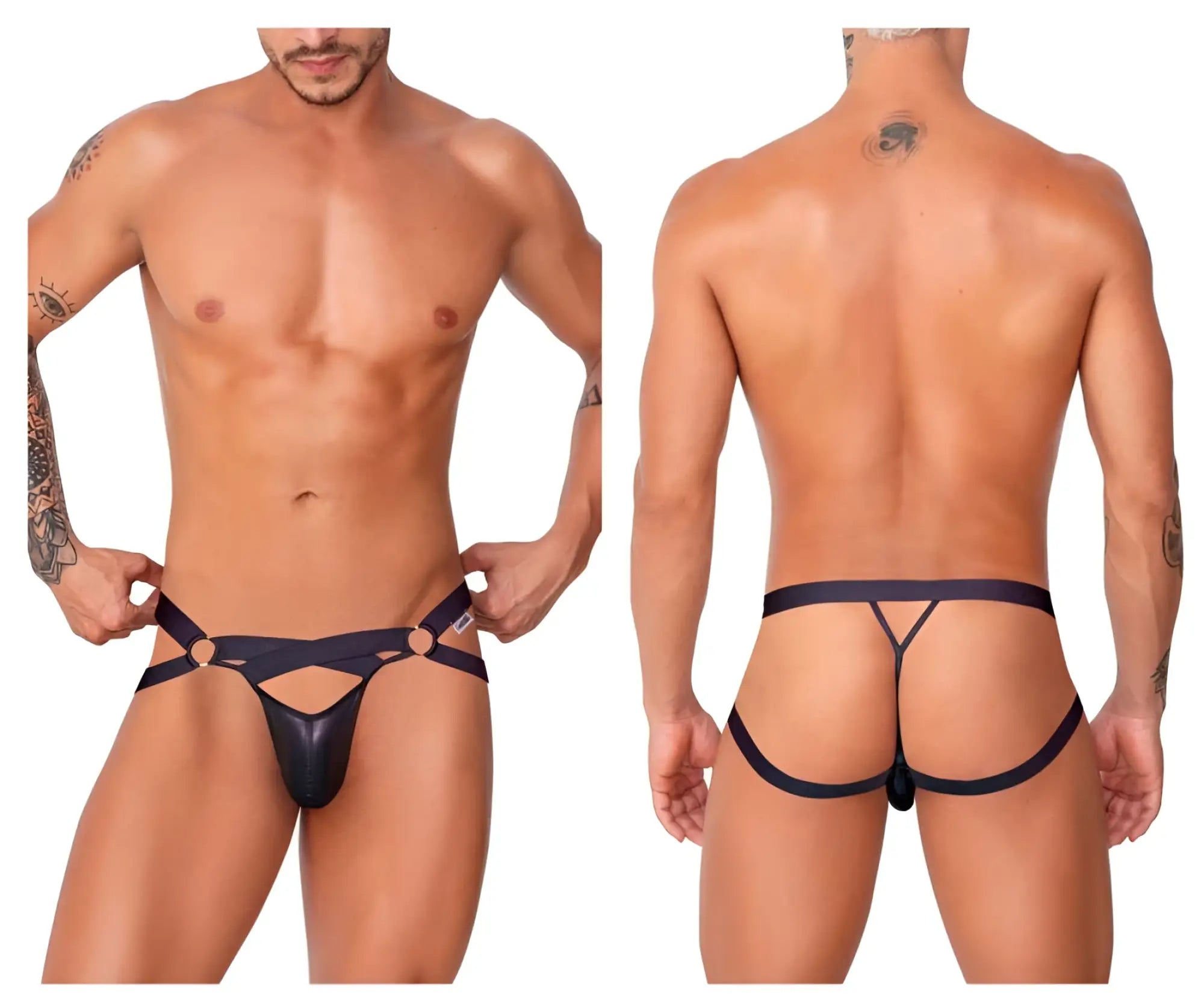 Black latex CandyMan 99761 jock g-string with wide supportive straps and distinctive cutout design front view