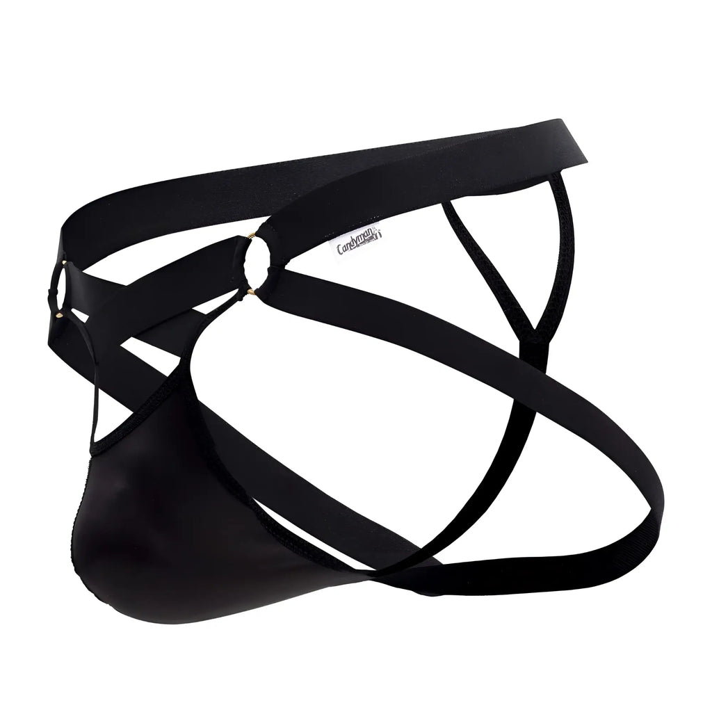 Black leather-like men’s briefs with crisscrossing straps and branded tag candy man 99761 jock g-string black