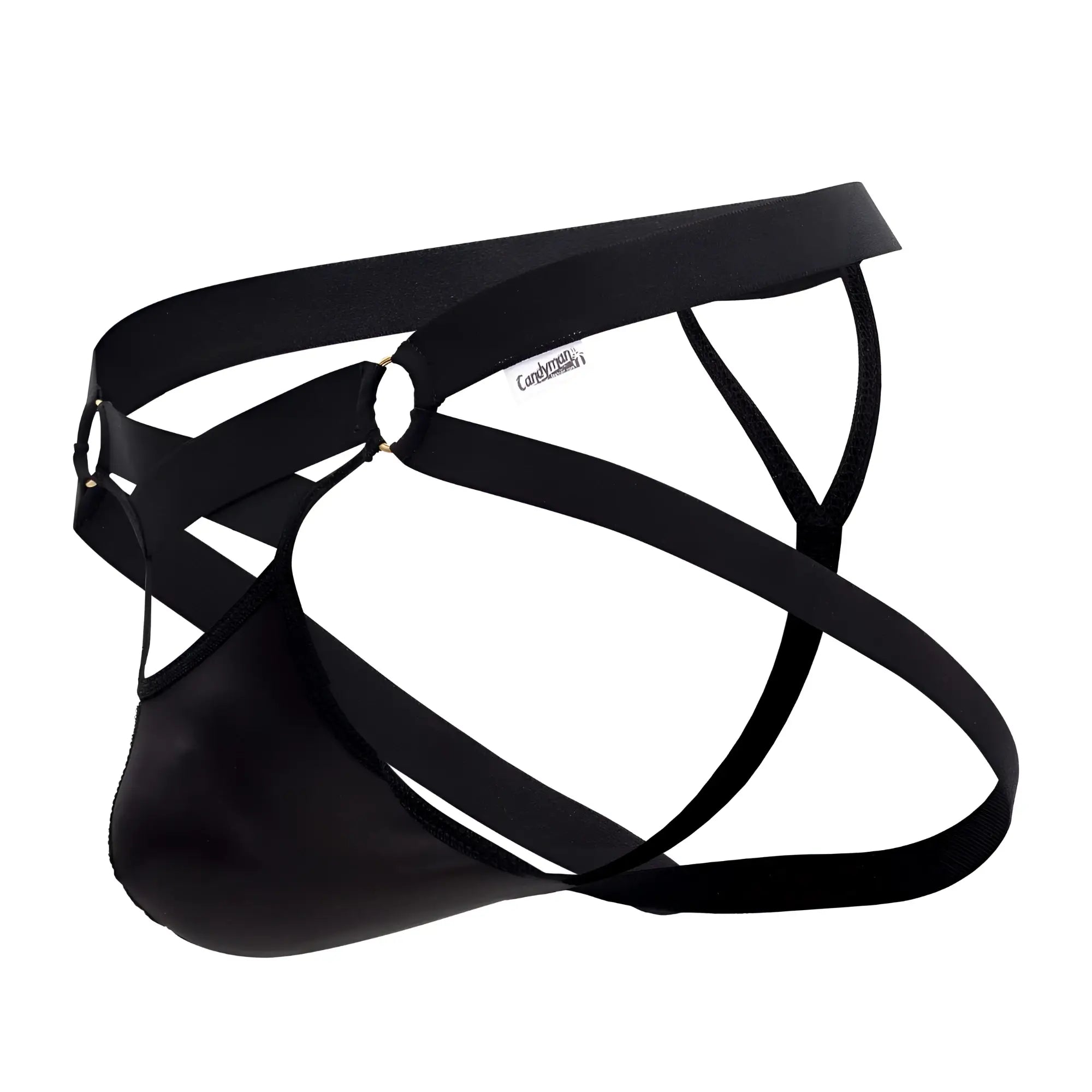 Black leather-like men’s briefs with crisscrossing straps and branded tag candy man 99761 jock g-string black