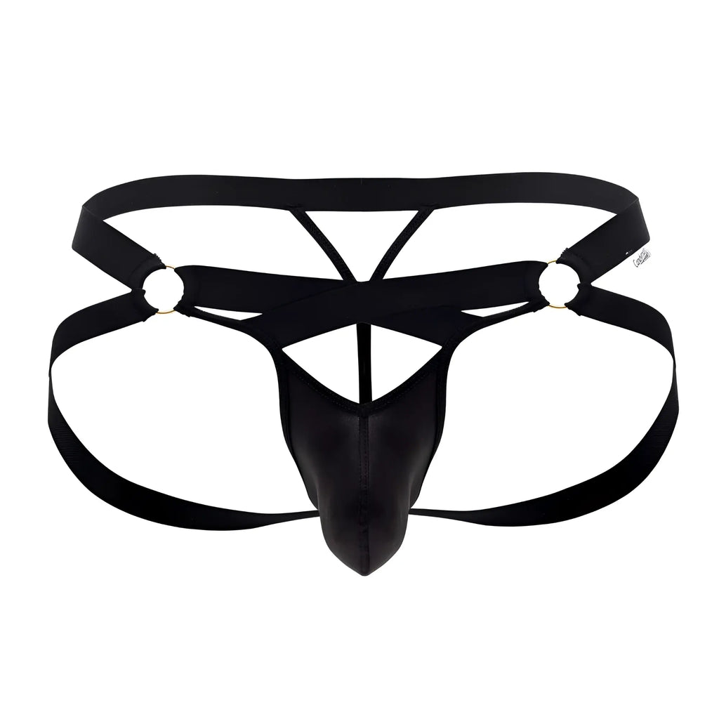 Black leather-like men’s thong jock g-string with crisscross straps and metallic rings candy man 99761 color black