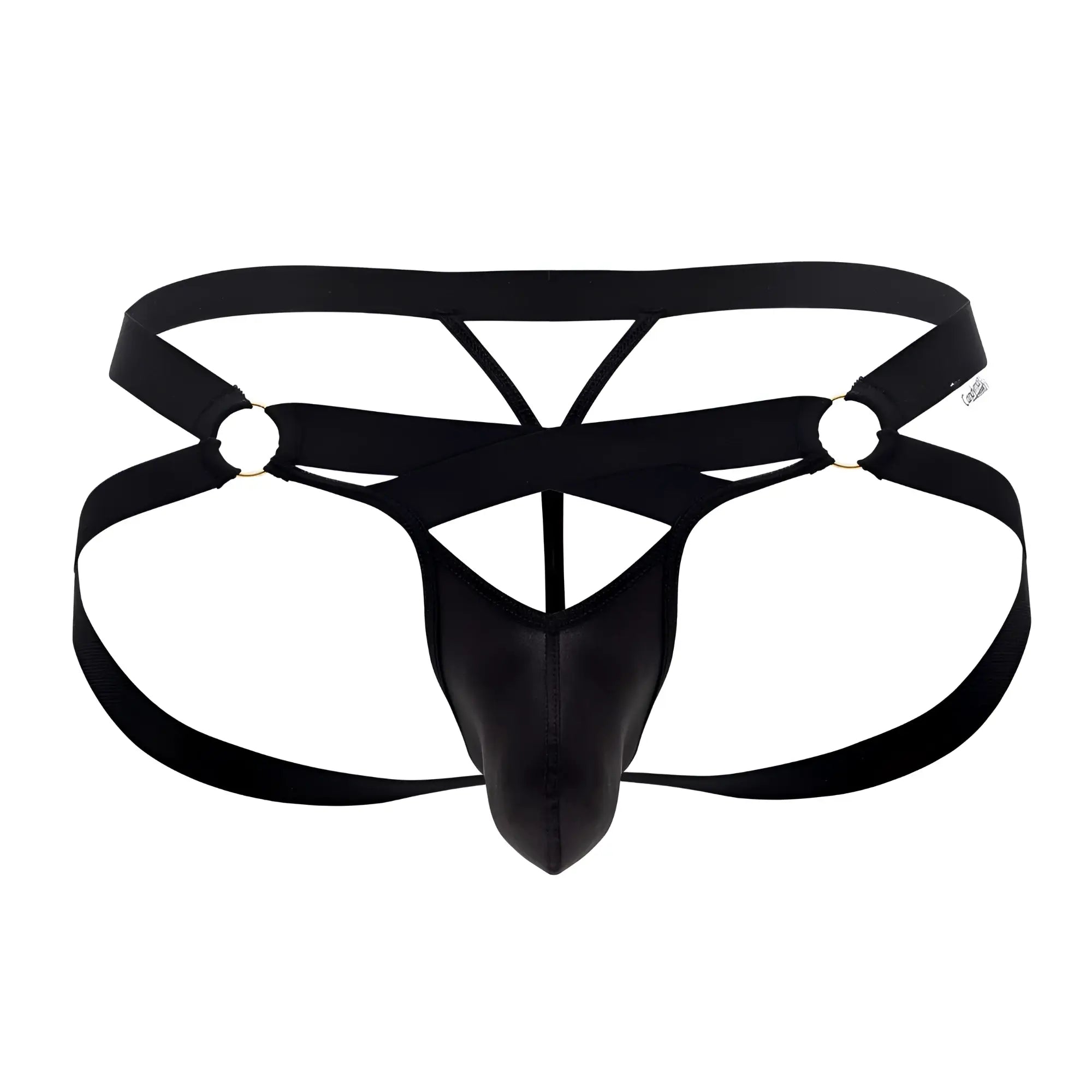 Black leather-like men’s thong jock g-string with crisscross straps and metallic rings candy man 99761 color black