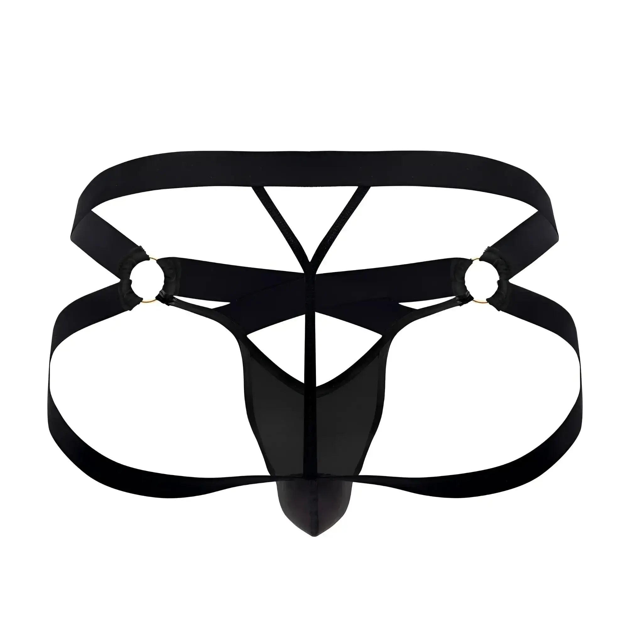 Black satin CandyMan 99761 jock g-string briefs with crisscross design and metallic grommets visible from back side