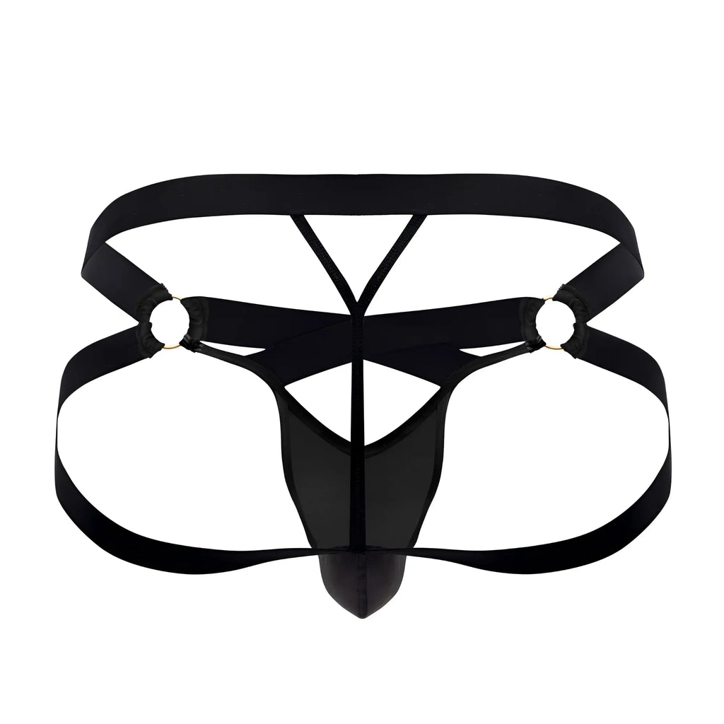 Black satin CandyMan 99761 jock g-string briefs with crisscross design and metallic grommets visible from back side