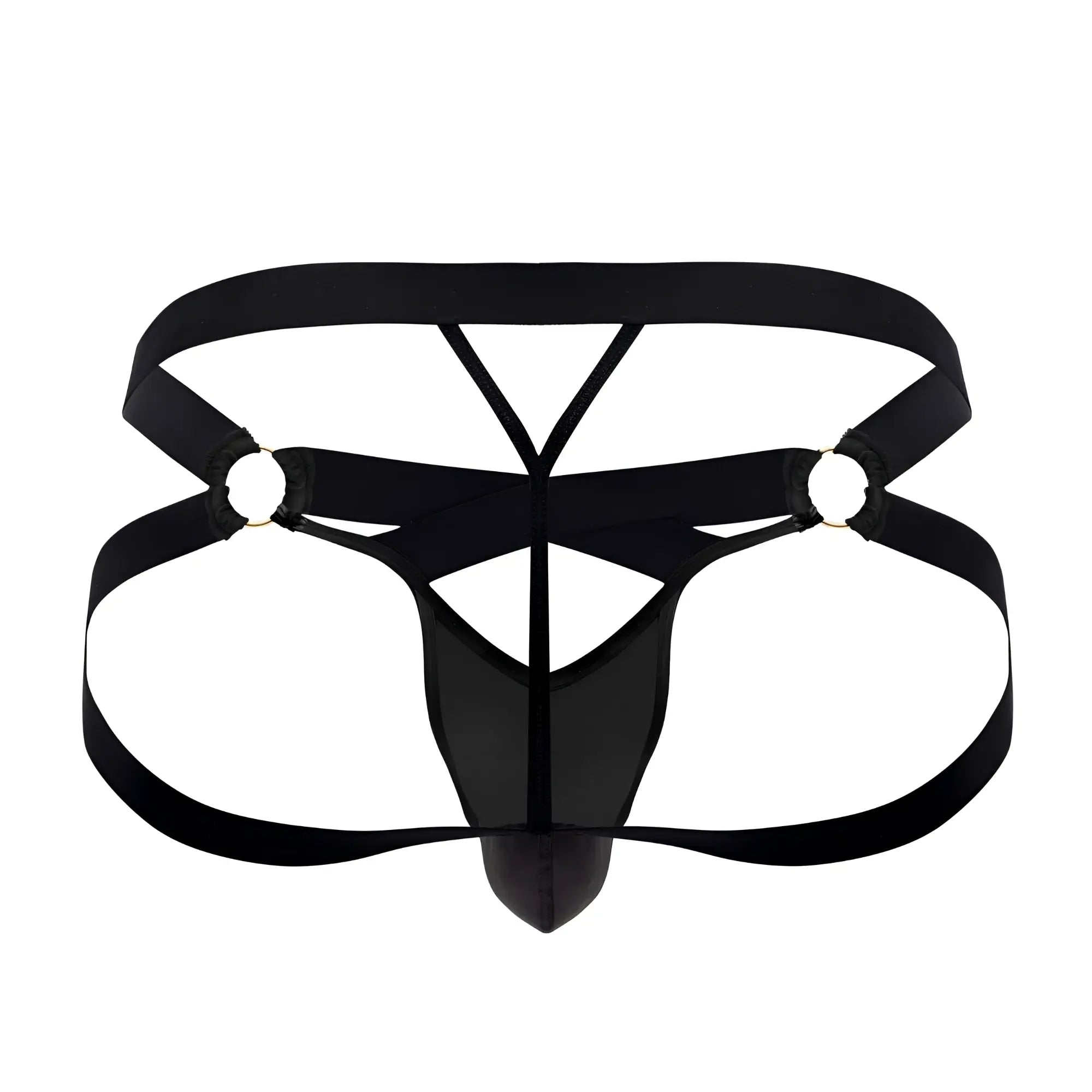 Black satin CandyMan 99761 jock g-string briefs with crisscross design and metallic grommets visible from back side