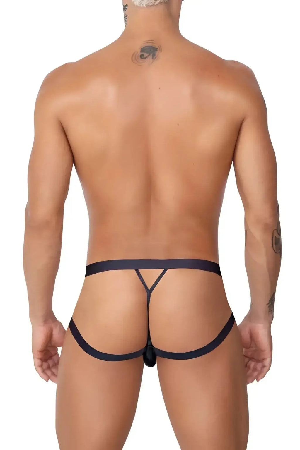 Black CandyMan 99761 jock g-string thong with y-shaped design and central clasp for easy wear