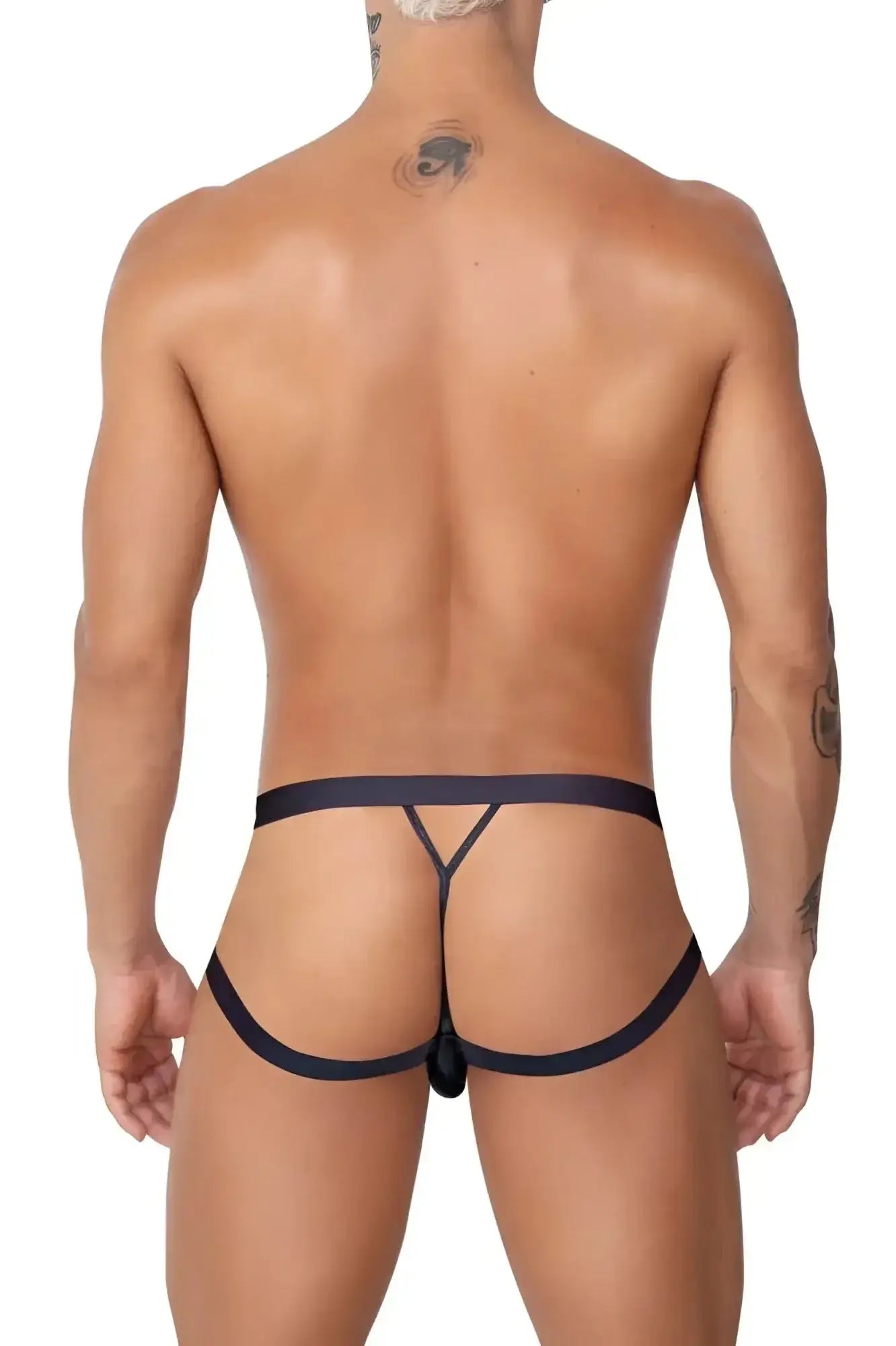 Black CandyMan 99761 jock g-string thong with y-shaped design and central clasp for easy wear