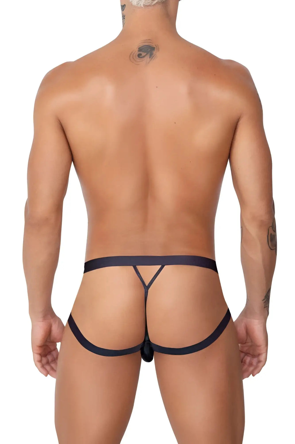 Black CandyMan 99761 jock g-string thong with y-shaped design and central clasp for easy wear