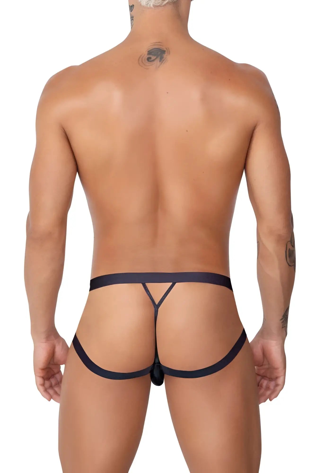Black CandyMan 99761 jock g-string thong with y-shaped design and central clasp for easy wear