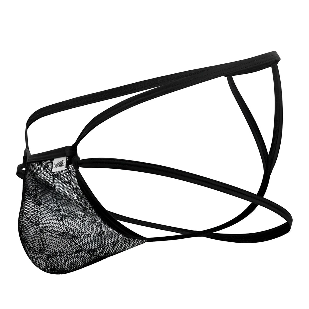 Black lace mesh brief with thin elastic straps from candyman 99762 jock g-string in black color shown from back