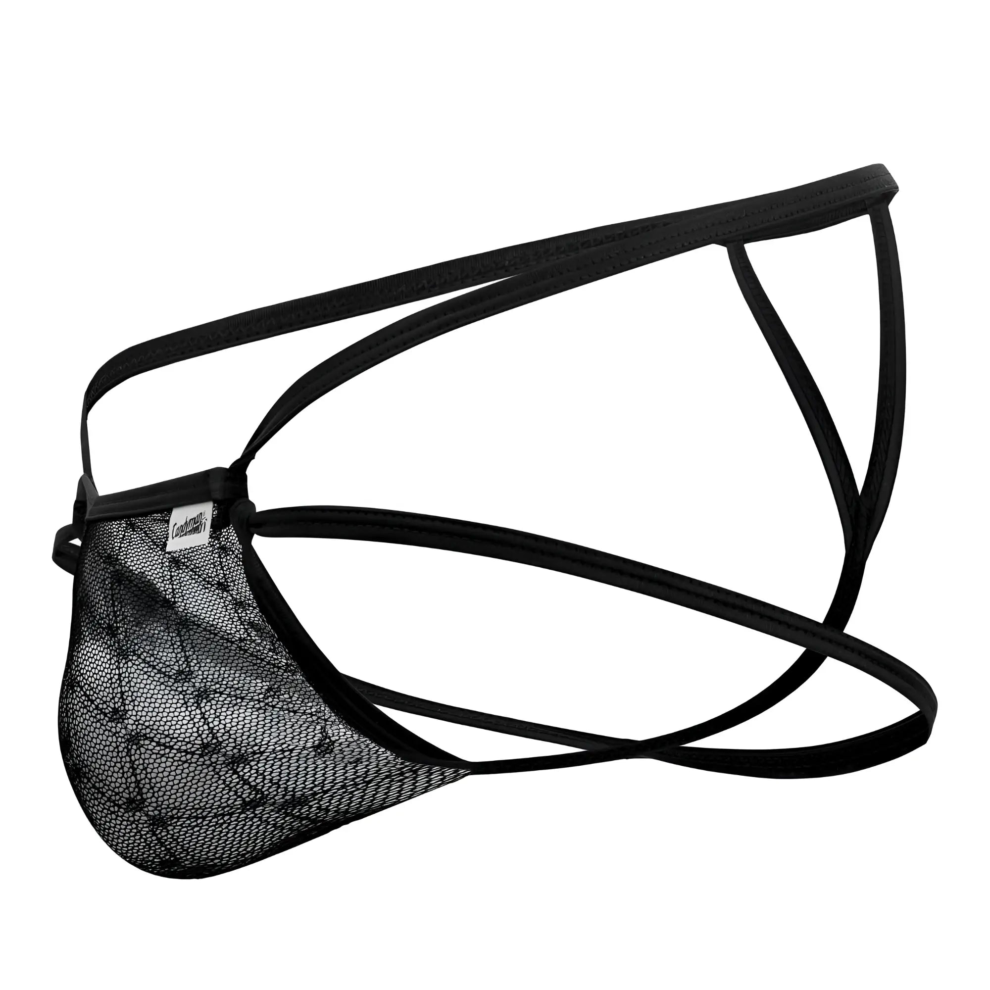 Black lace mesh brief with thin elastic straps from candyman 99762 jock g-string in black color shown from back