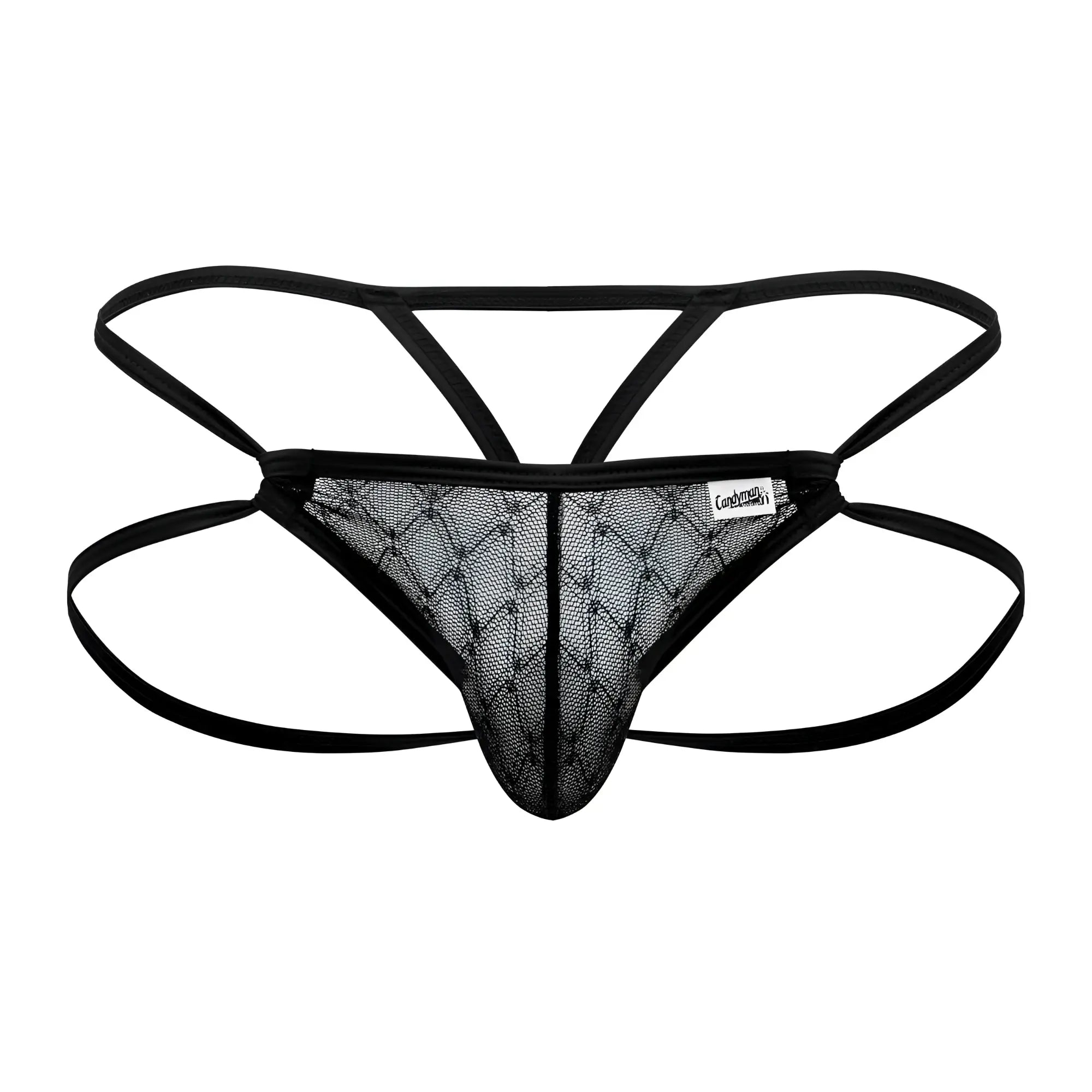 Black lace CandyMan 99762 jock g-string with diamond mesh front and thin adjustable straps in black color