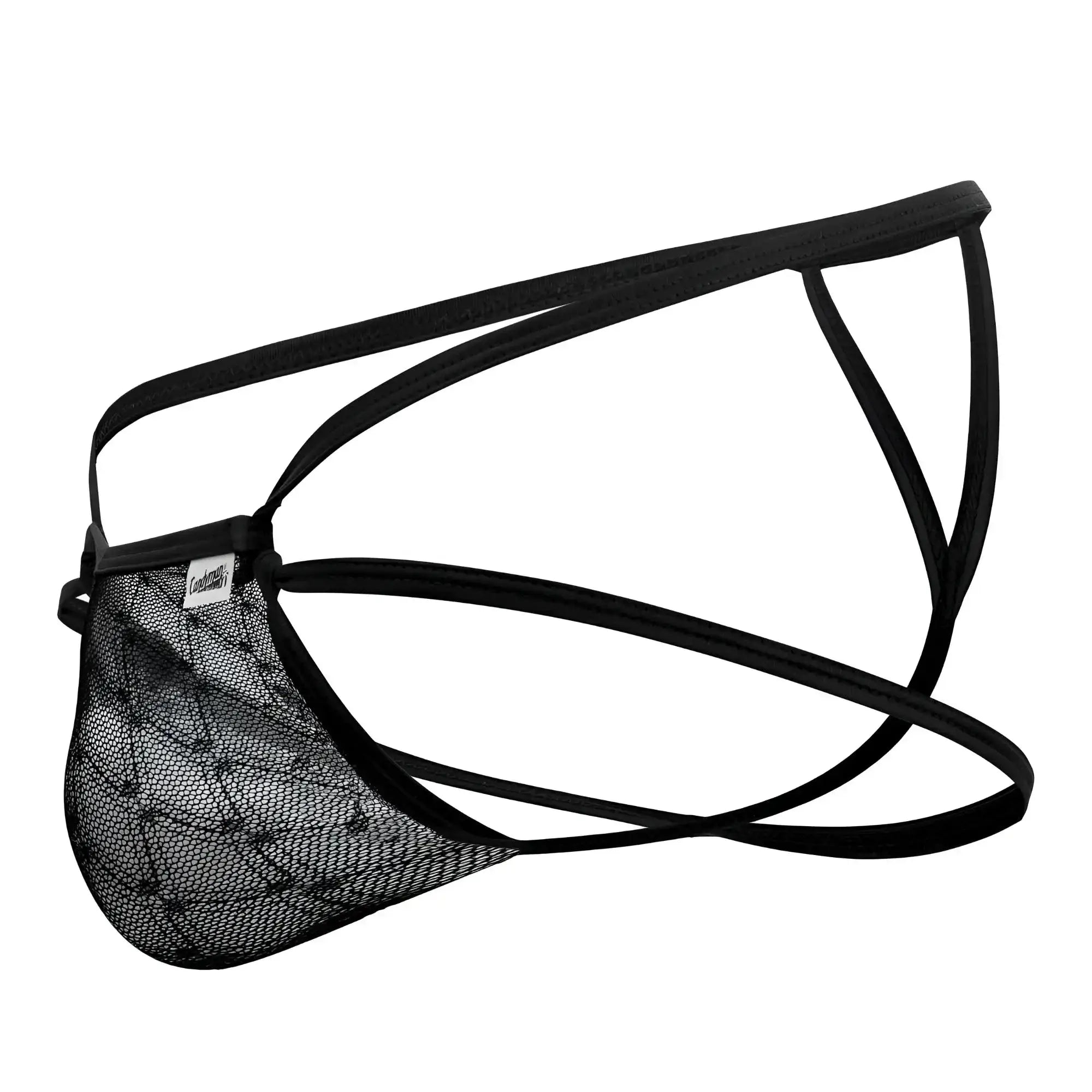 Black lace mesh brief with thin elastic straps from candyman 99762 jock g-string in black color shown from back