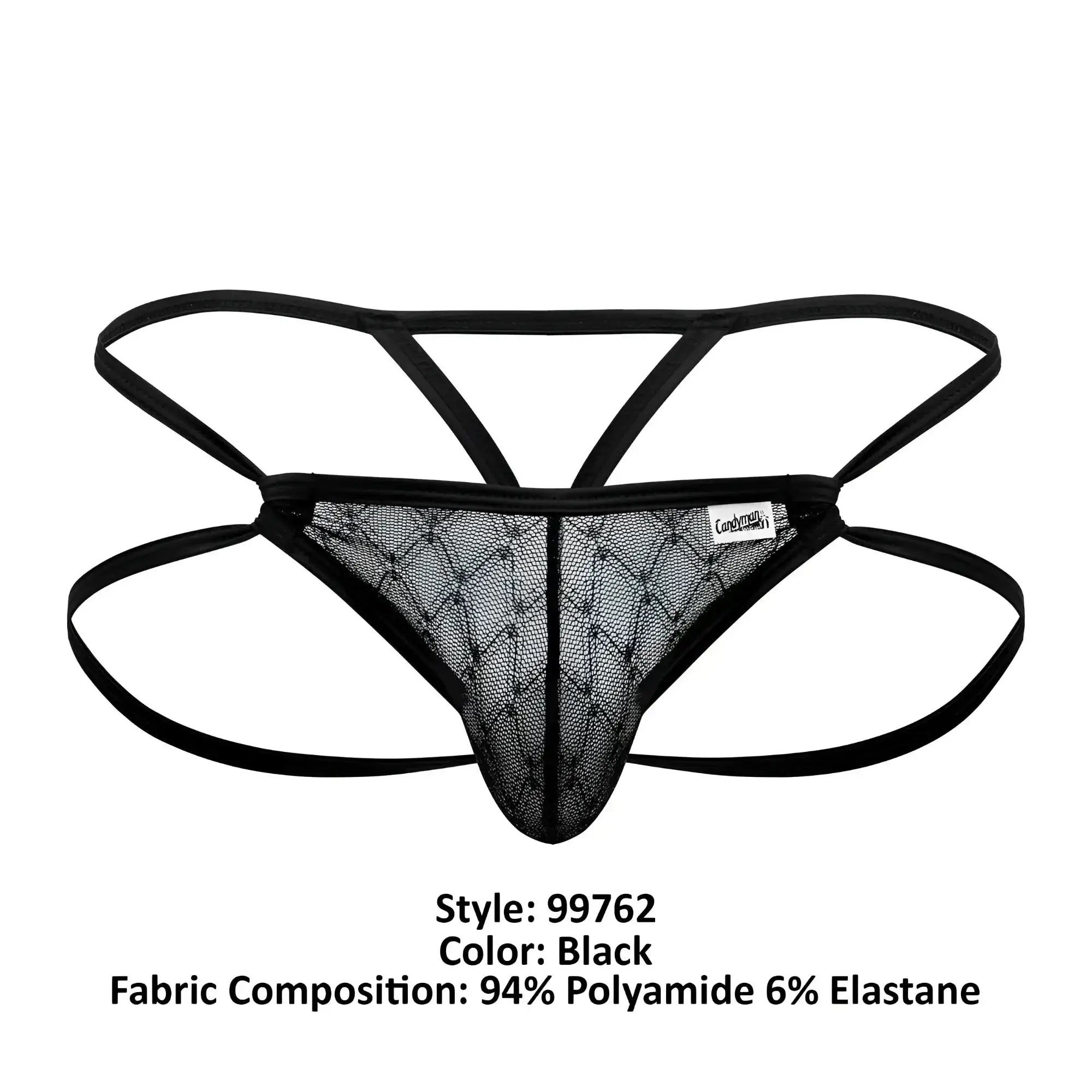 Black candyMan 99762 jock g-string thong with mesh crisscross design and elastic straps visible from the back