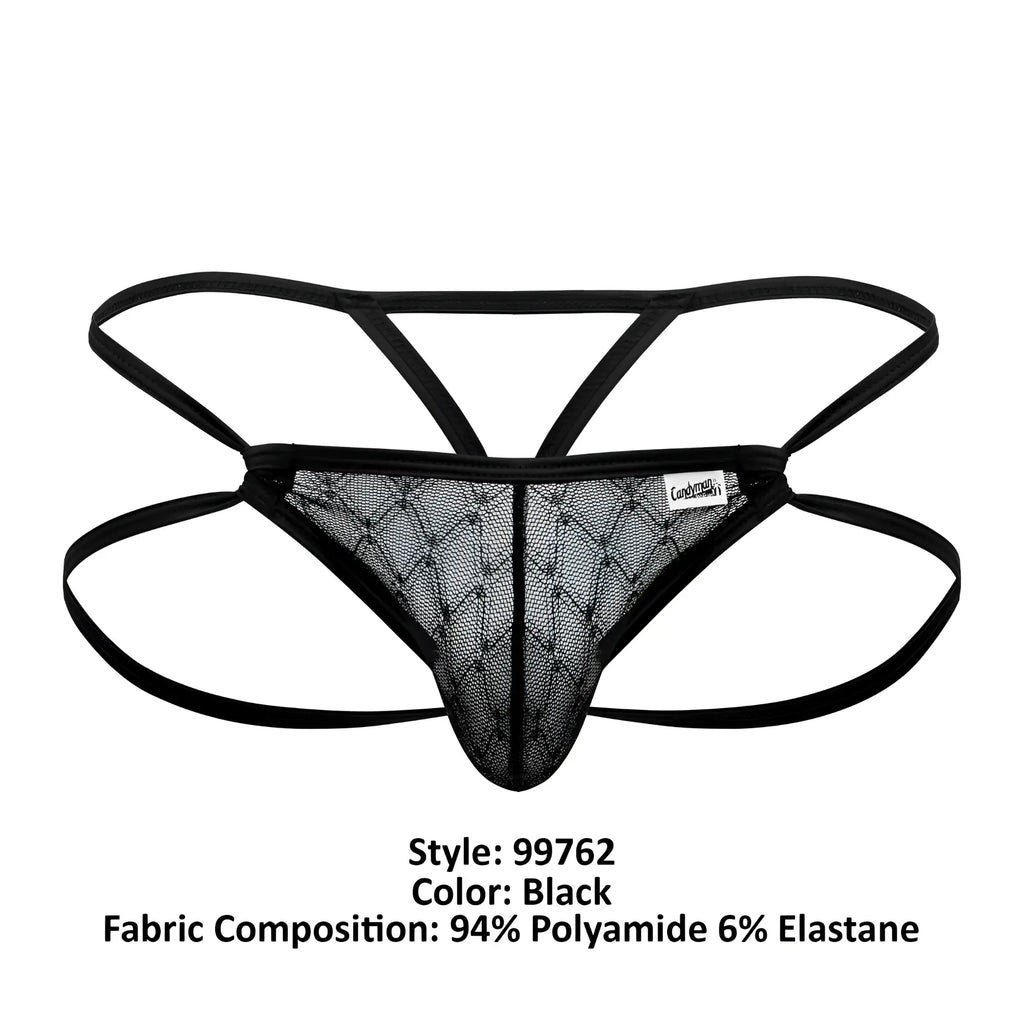 Black candyMan 99762 jock g-string thong with mesh crisscross design and elastic straps visible from the back
