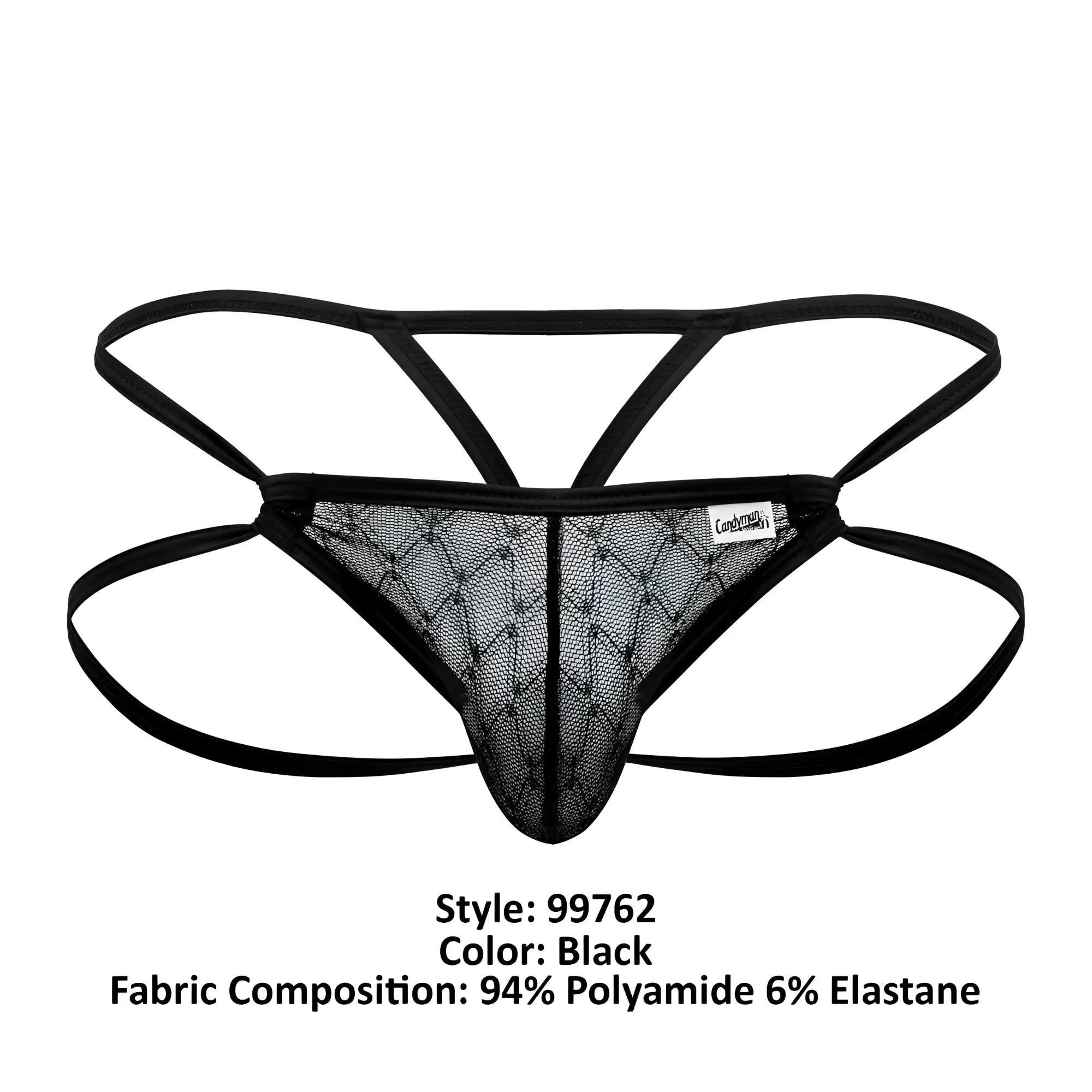 Black candyMan 99762 jock g-string thong with mesh crisscross design and elastic straps visible from the back