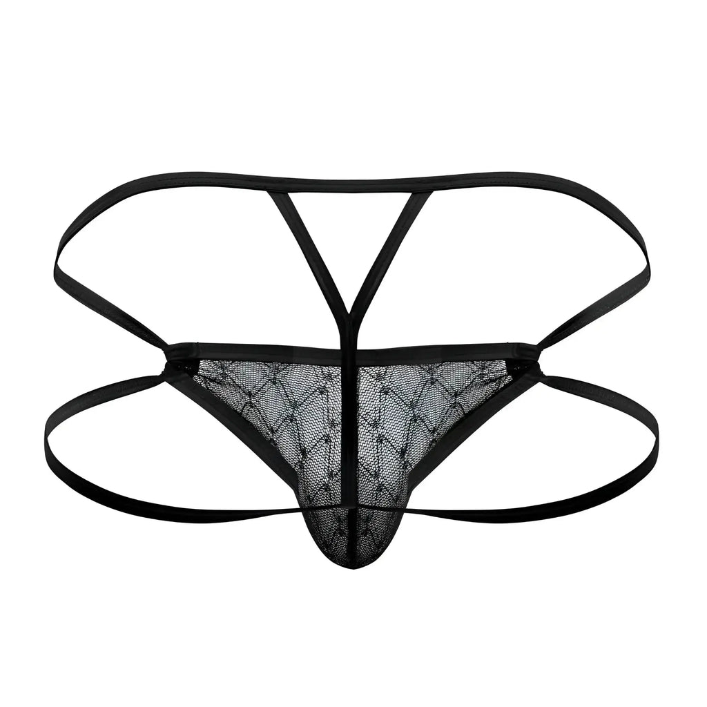 Black mesh thong CandyMan 99762 jock g-string in black with diamond-patterned design and thin adjustable straps
