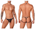 Black CandyMan 99762 jock g-string sheer lace thong with elastic straps and small white brand tag on the front