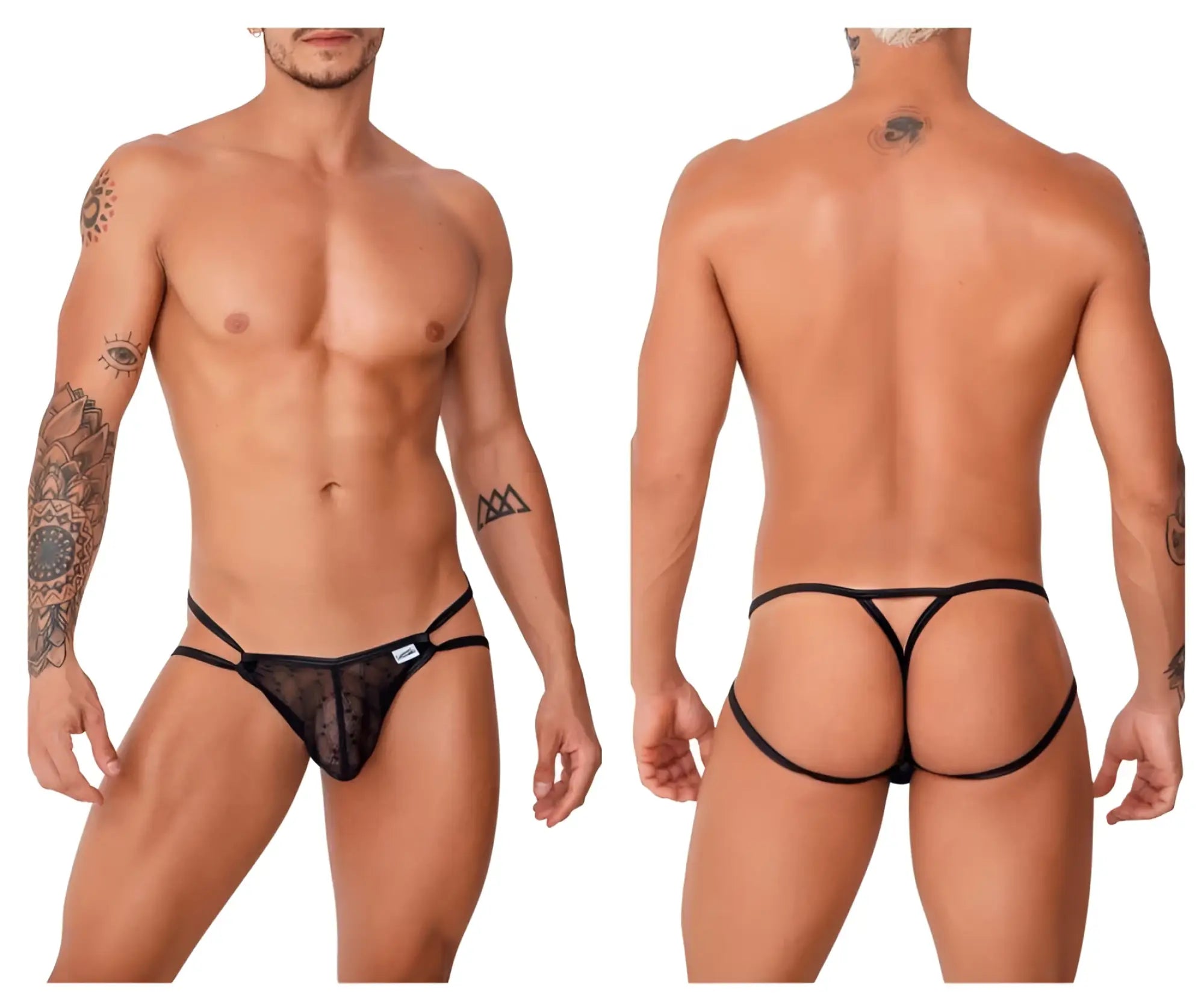 Black CandyMan 99762 jock g-string sheer lace thong with elastic straps and small white brand tag on the front