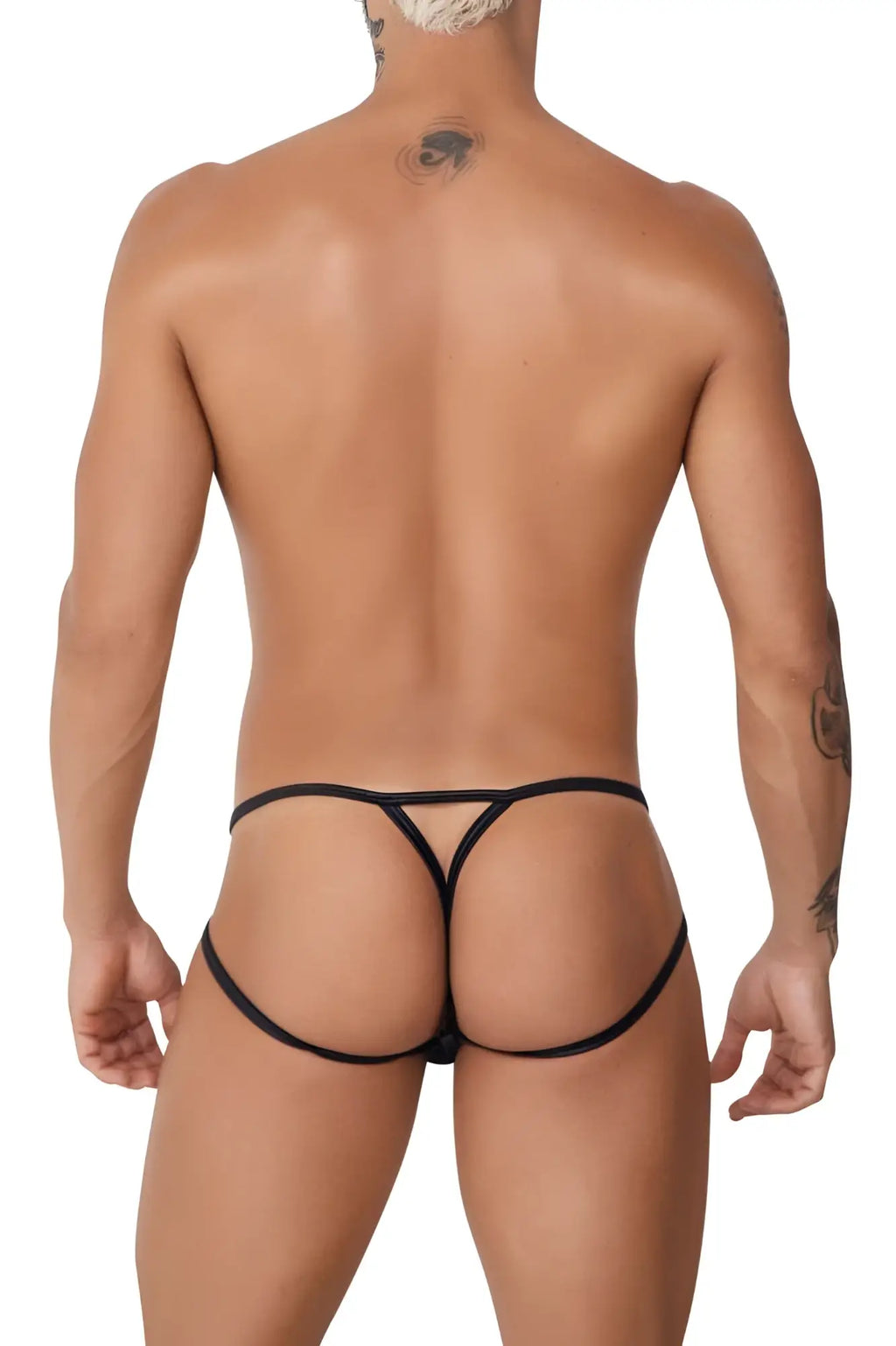 Black CandyMan 99762 jock g-string thong with thin straps and triangular cutout design shown from the back side