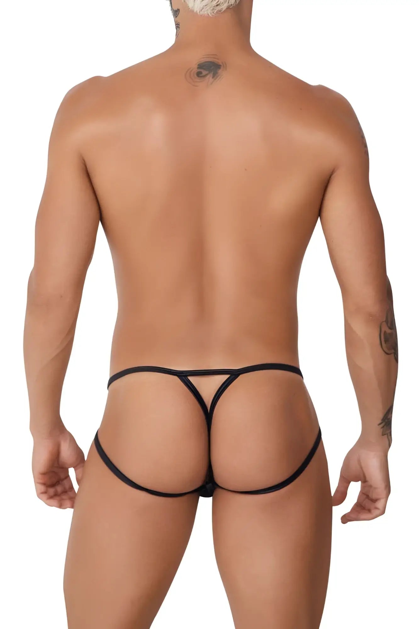Black CandyMan 99762 jock g-string thong with thin straps and triangular cutout design shown from the back side